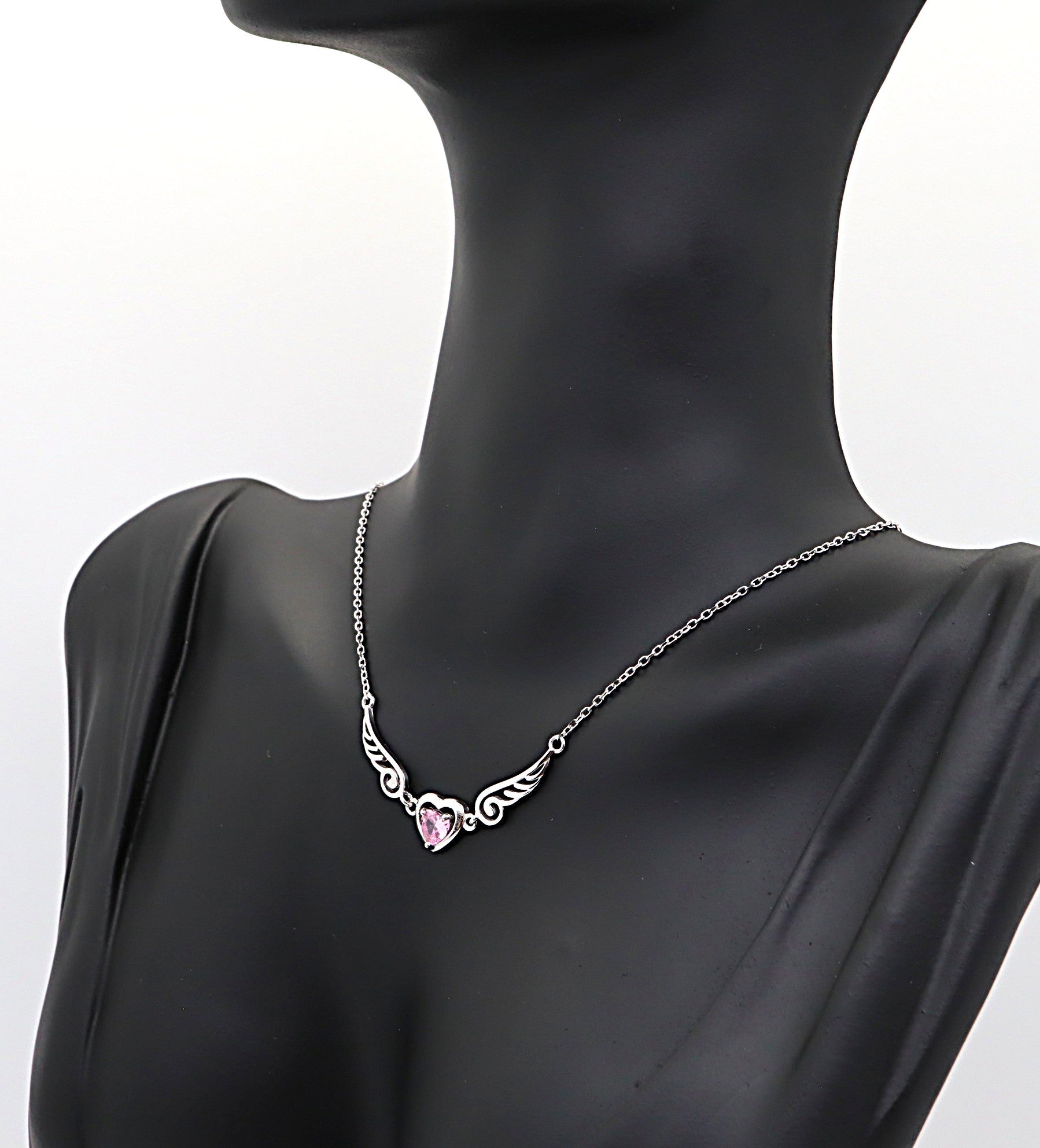 Collar Plata 925mls Corazón con Circonita Rosa y Dos Alas | Elegancia Romántica y Protección