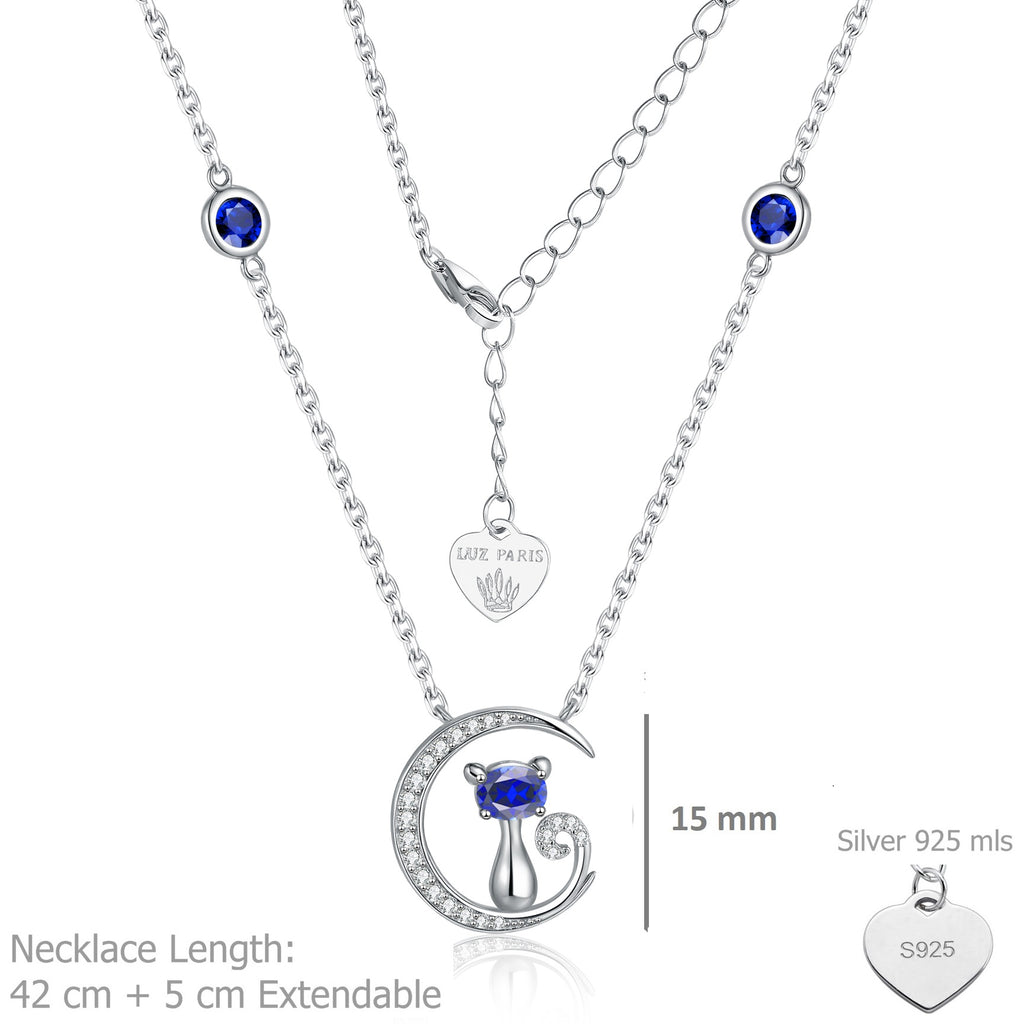 Collar Plata 925mls Gato y Luna con Circonitas Azules y Blancas | Joya Mágica y Brillante