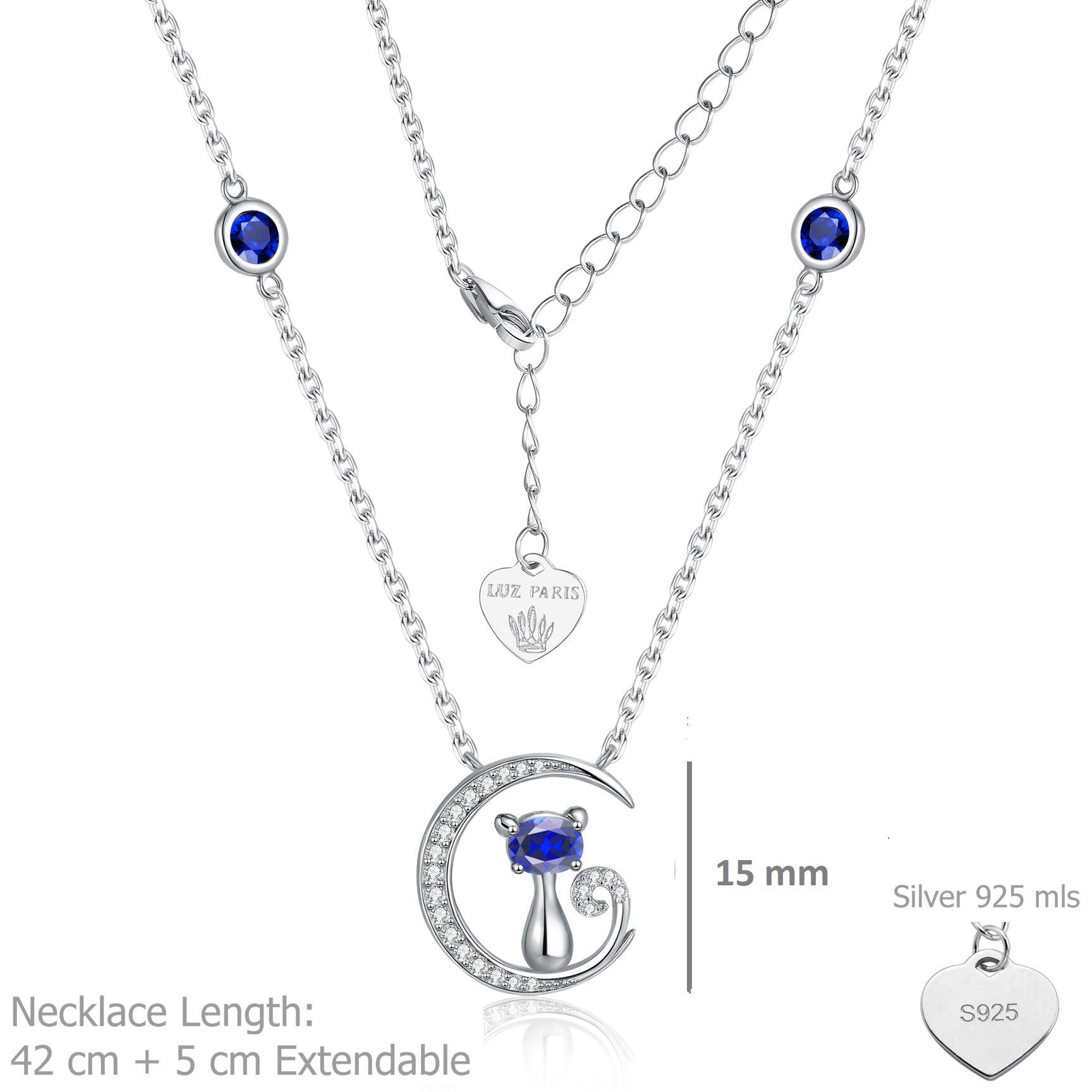 Collar Plata 925mls Gato y Luna con Circonitas Azules y Blancas | Joya Mágica y Brillante