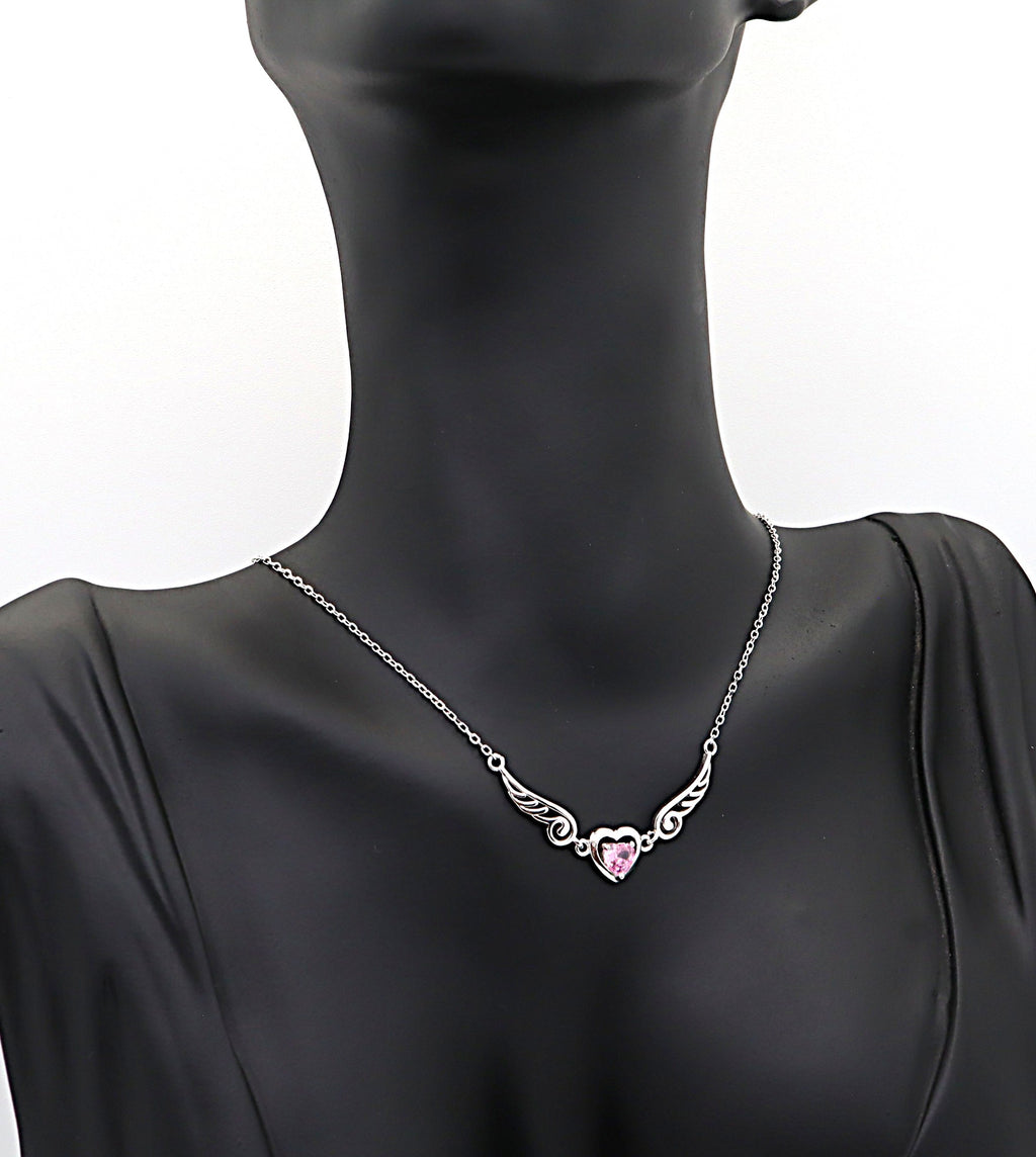 Collar Plata 925mls Corazón con Circonita Rosa y Dos Alas | Elegancia Romántica y Protección