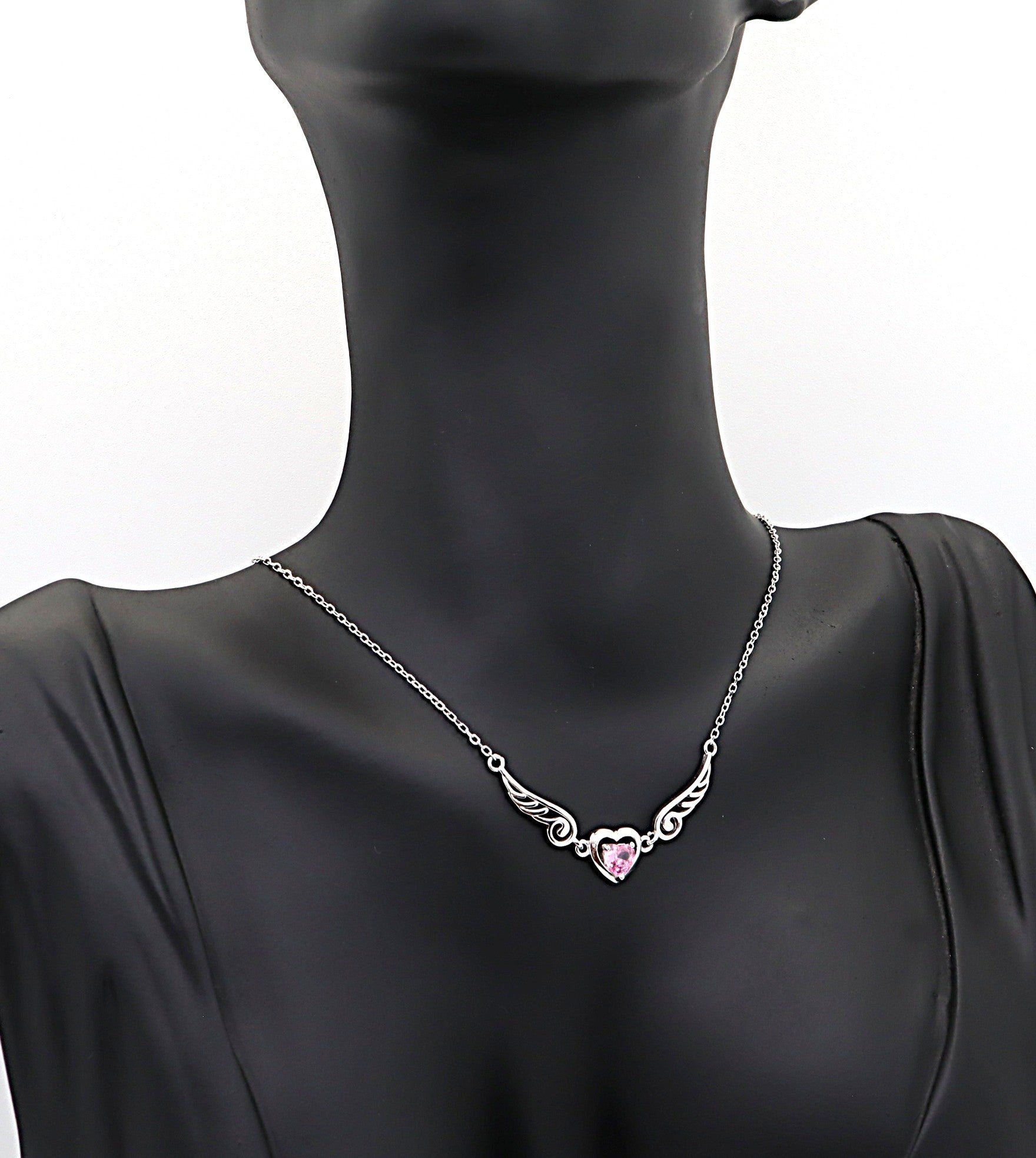 Collar Plata 925mls Corazón con Circonita Rosa y Dos Alas | Elegancia Romántica y Protección
