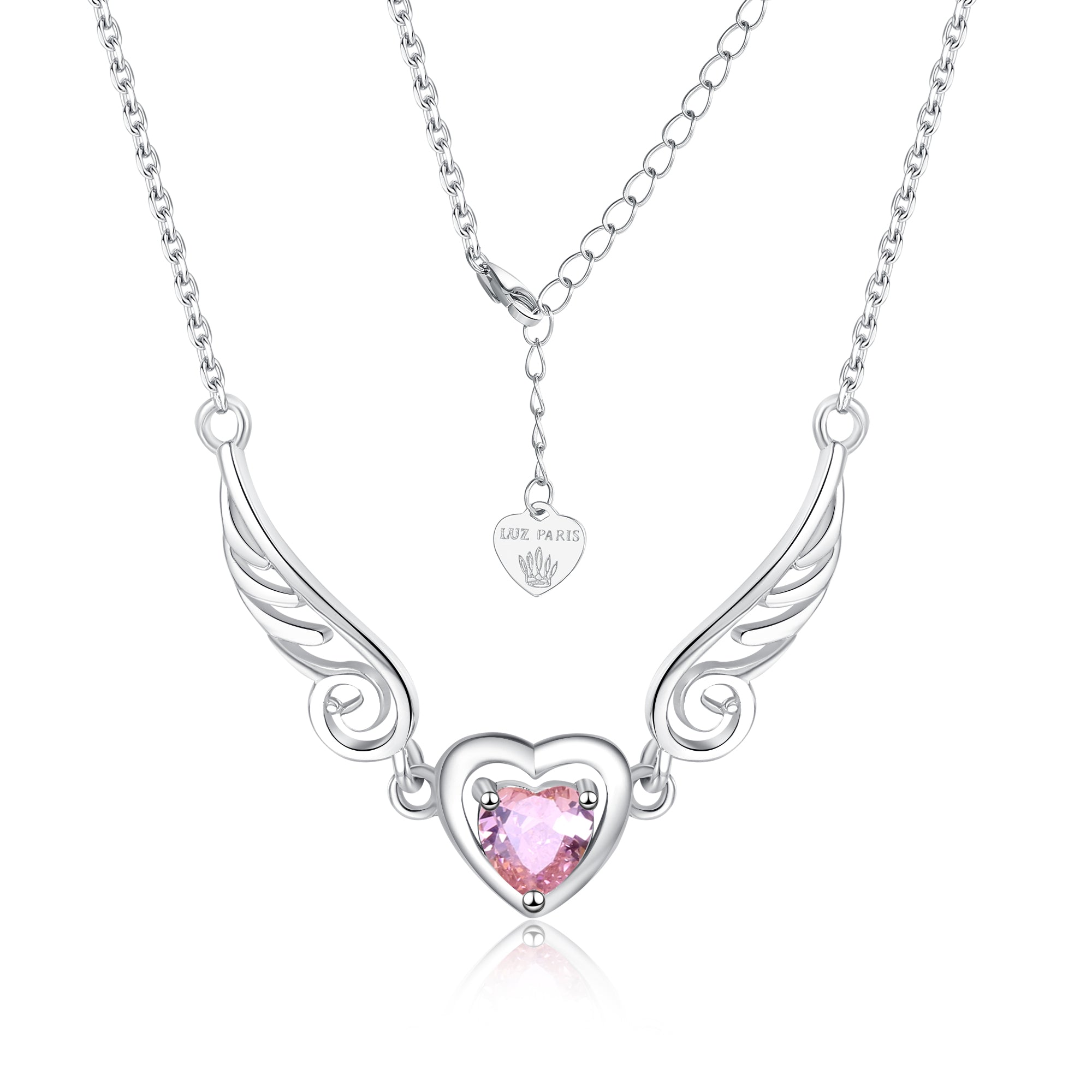 Collar Plata 925mls Corazón con Circonita Rosa y Dos Alas | Elegancia Romántica y Protección