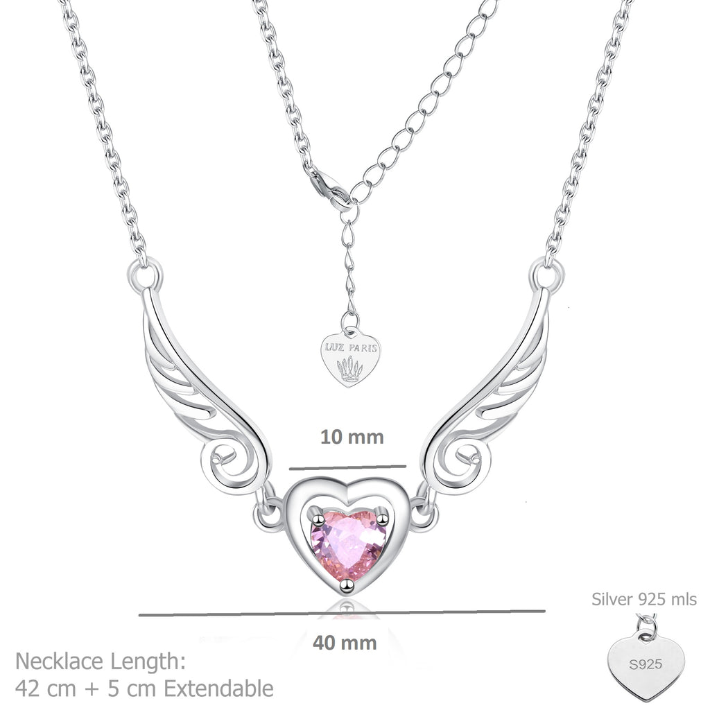 Collar Plata 925mls Corazón con Circonita Rosa y Dos Alas | Elegancia Romántica y Protección