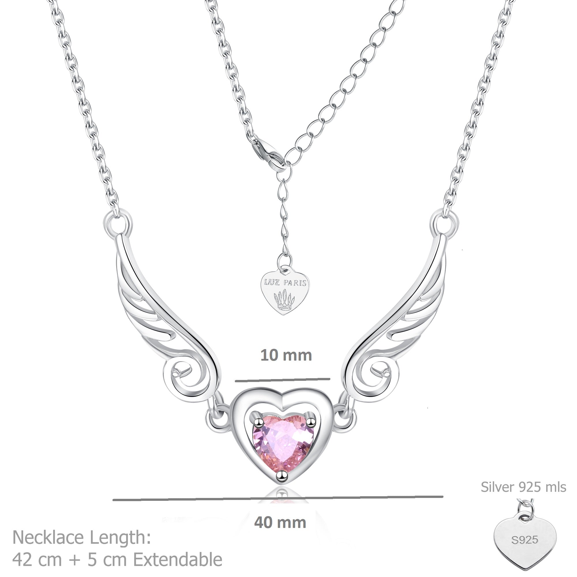 Collar Plata 925mls Corazón con Circonita Rosa y Dos Alas | Elegancia Romántica y Protección