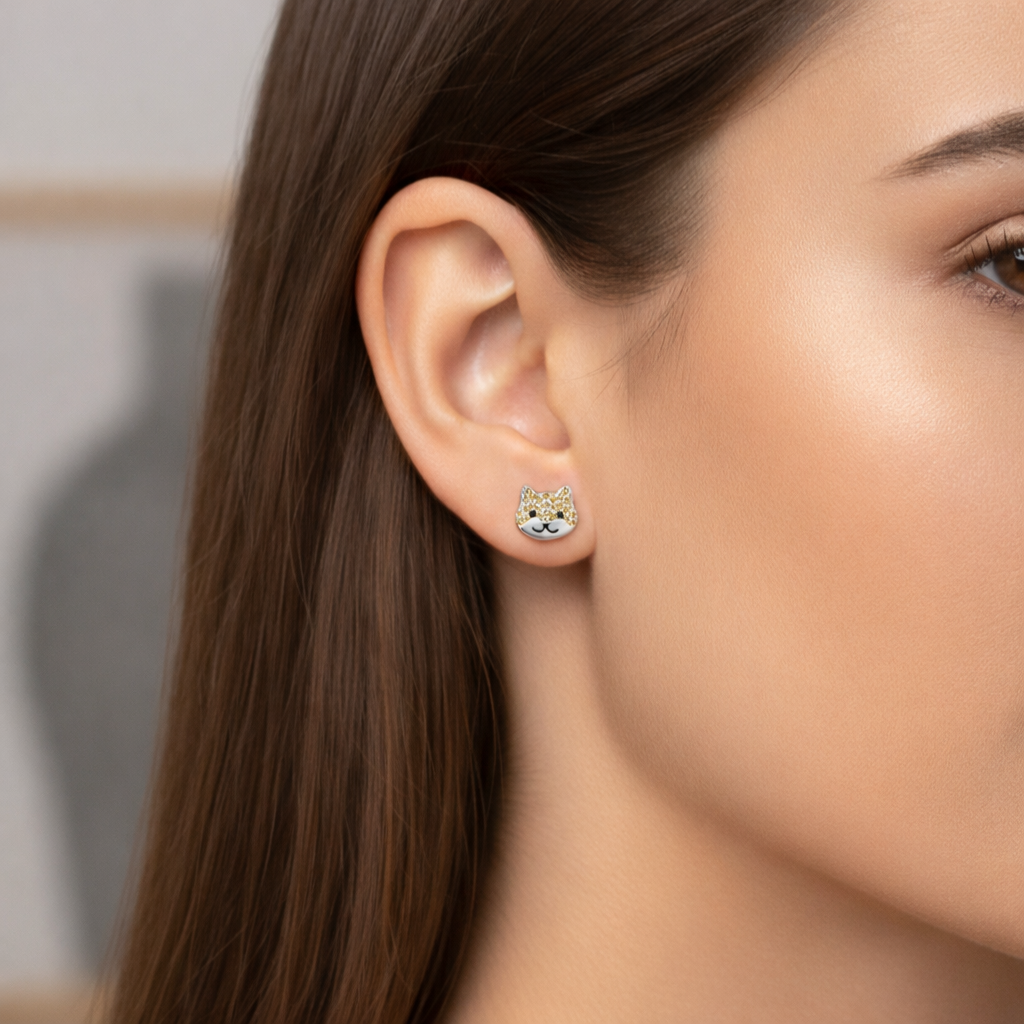 Pendientes Plata 925mls Gato Circonitas negro azabache y doradas | mascotas