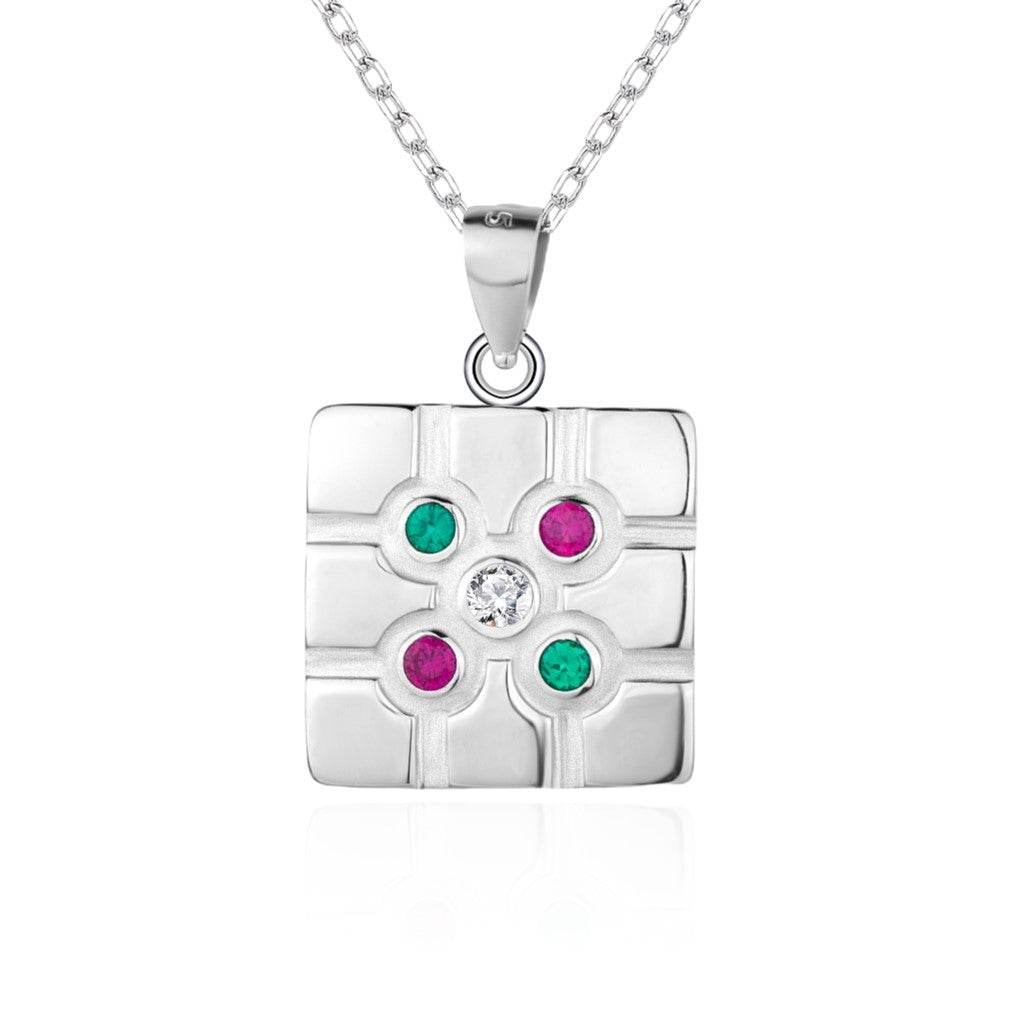 Collar Plata 925mls Baldosa Bilbao Circonitas color blanco, verde, rubí