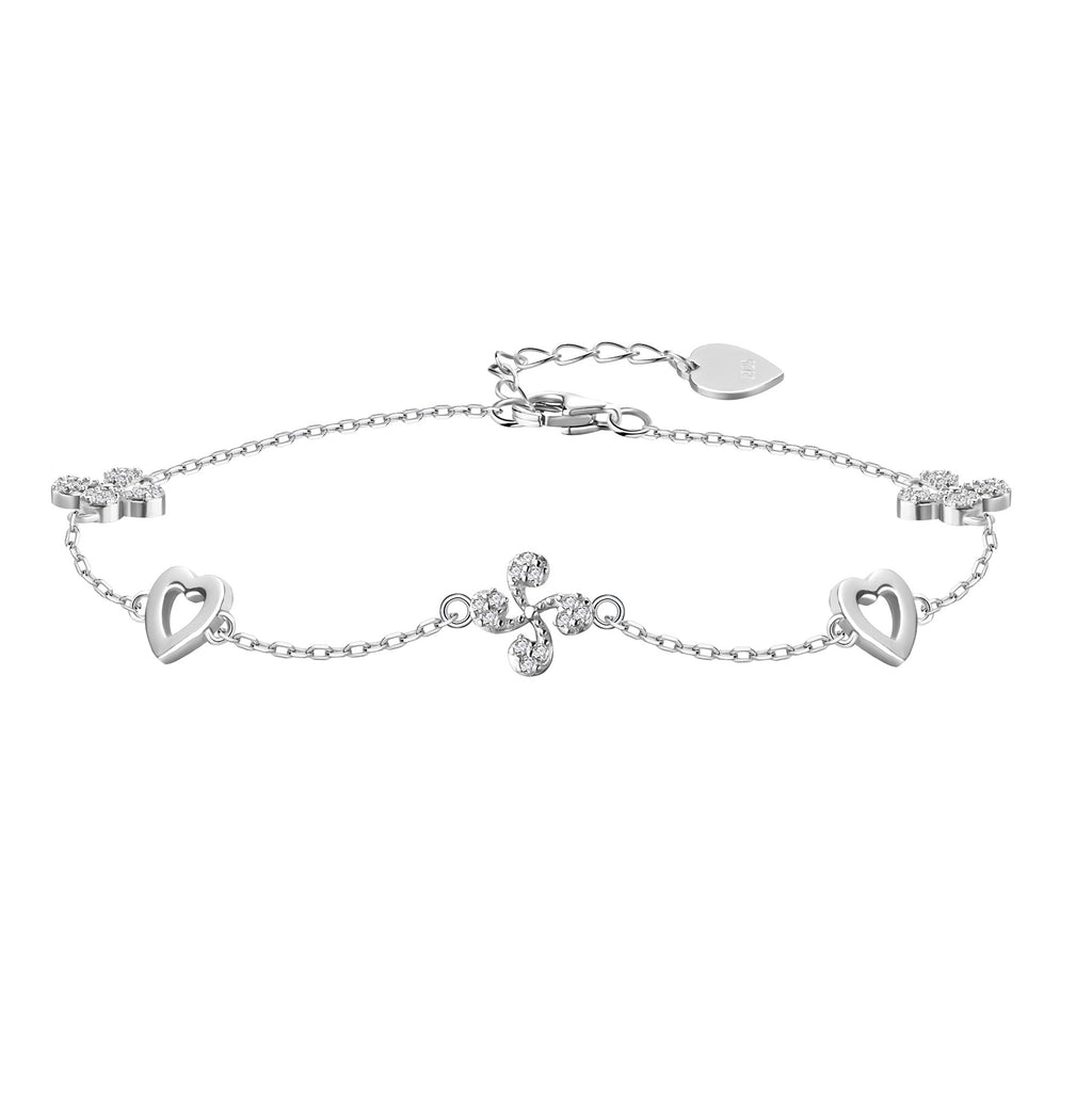 Pulsera Plata 925mls con 3 Lauburu Vasco y 2 Corazones