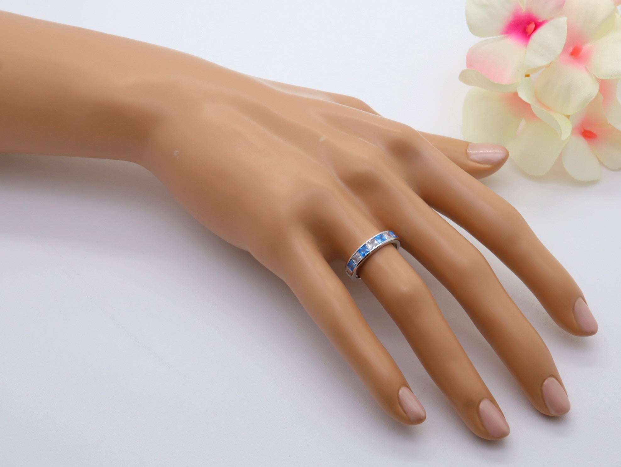 Anillo Plata 925mls Bicolor Azul Blanco Circonitas