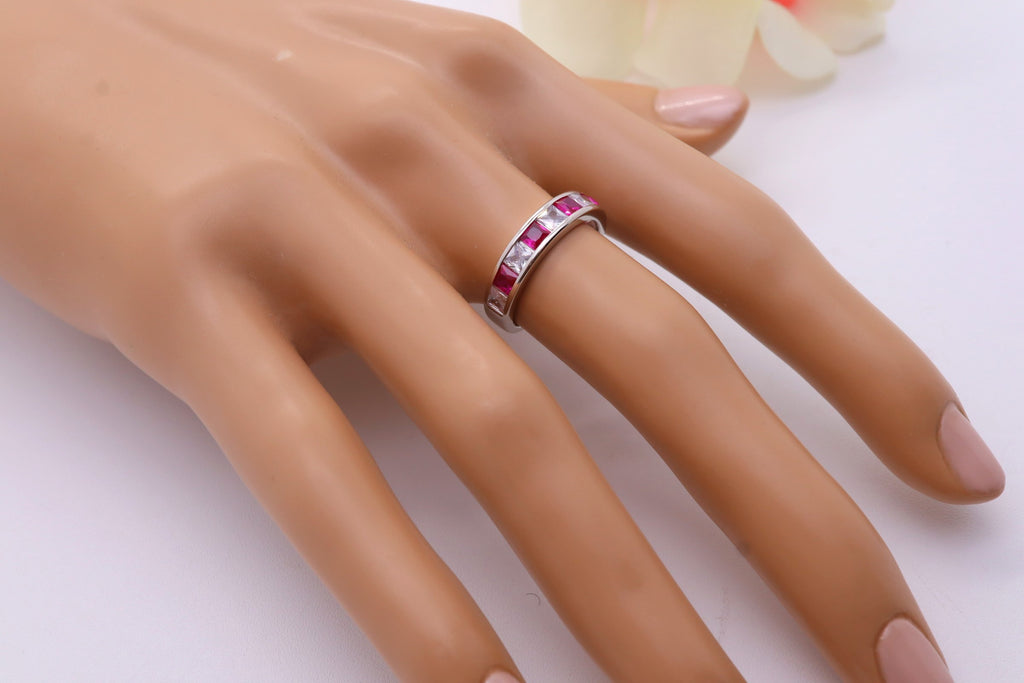 Anillo Plata 925mls Bicolor Granate Blanco Circonitas