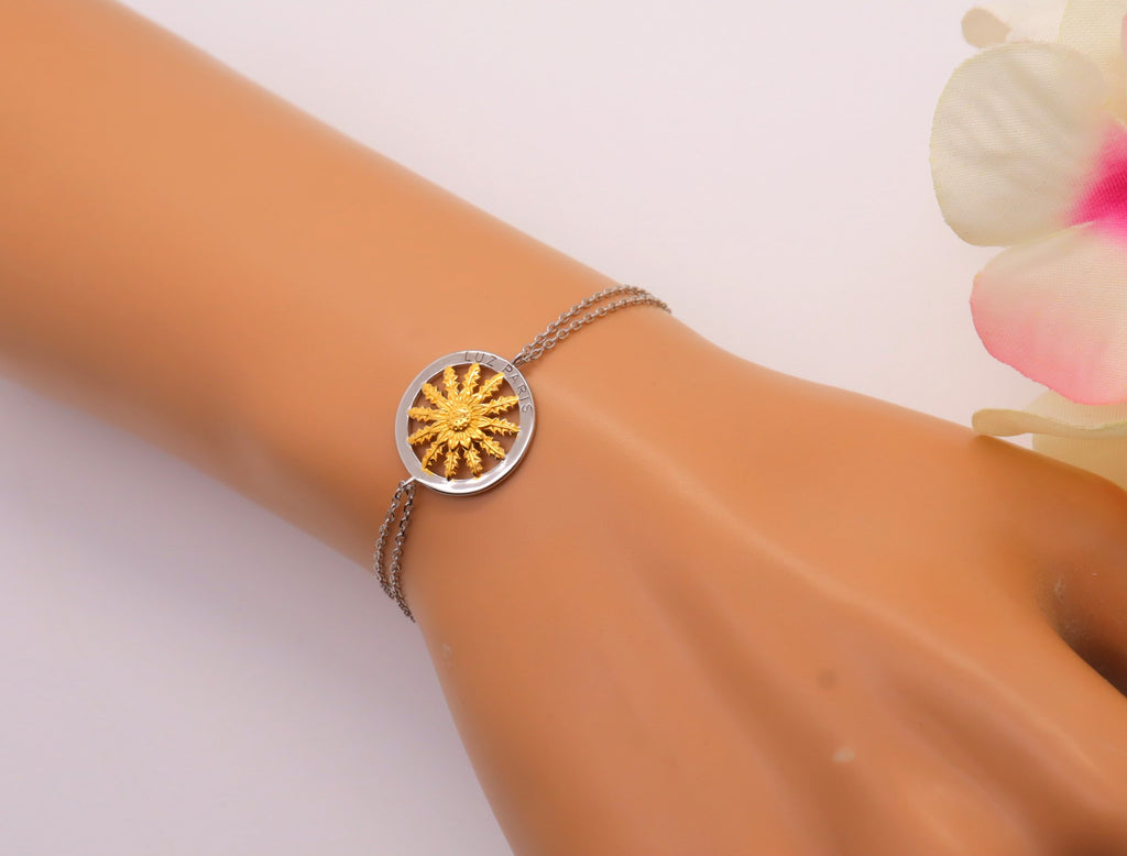 Pulsera Plata 925mls Eguzkilore bicolor baño Oro 18k doble cadena