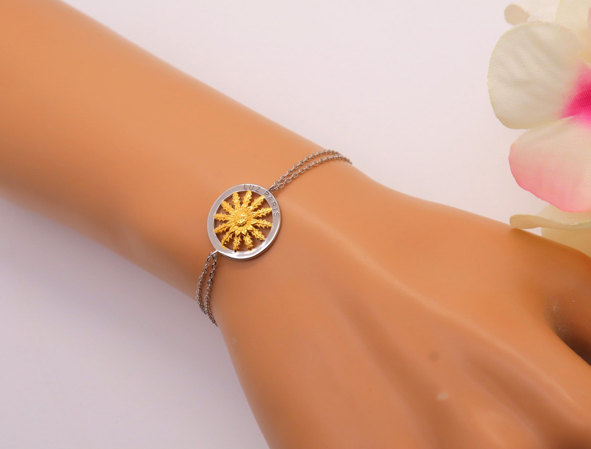 Pulsera Plata 925mls Eguzkilore bicolor baño Oro 18k doble cadena