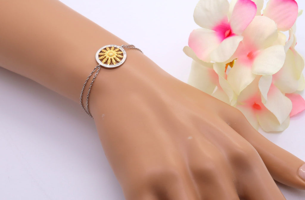 Pulsera Plata 925mls Eguzkilore bicolor baño Oro 18k doble cadena