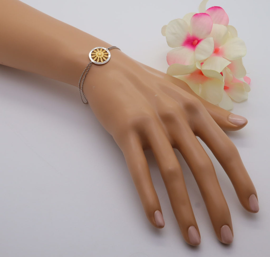 Pulsera Plata 925mls Eguzkilore bicolor baño Oro 18k doble cadena