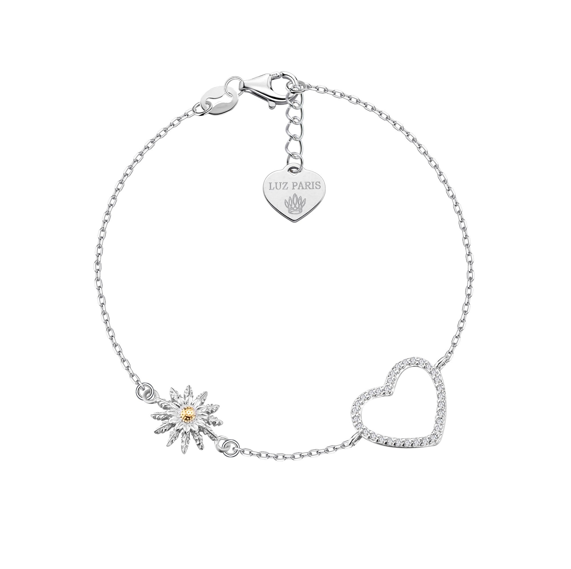 Pulsera Plata 925mls Eguzkilore bicolor baño Oro 18k Corazón circonitas