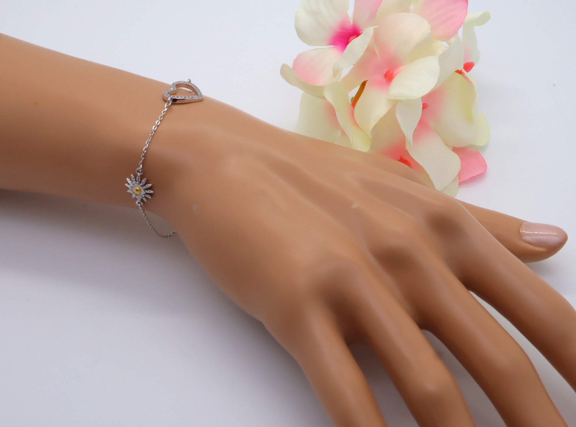 Pulsera Plata 925mls Eguzkilore bicolor baño Oro 18k Corazón circonitas