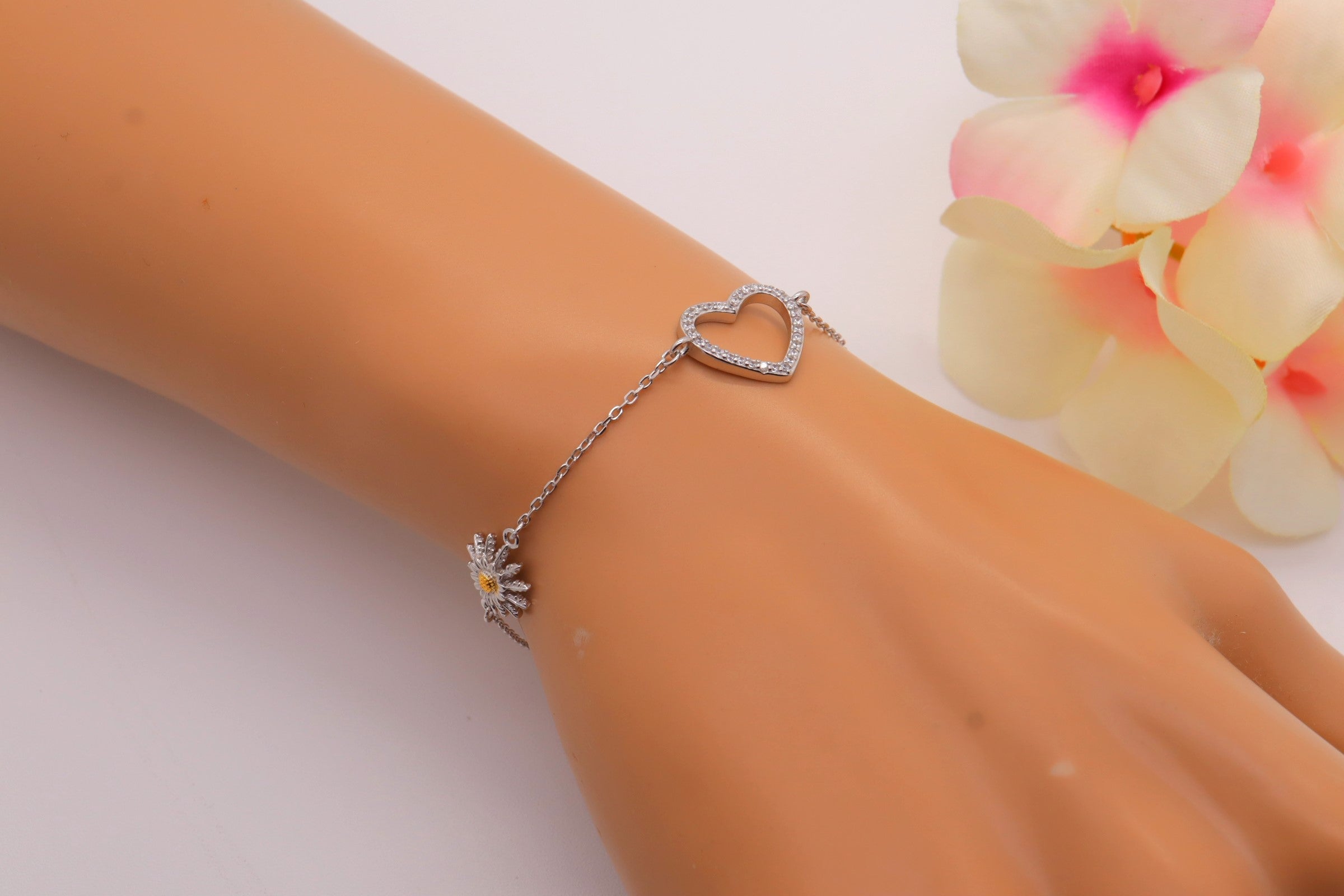 Pulsera Plata 925mls Eguzkilore bicolor baño Oro 18k Corazón circonitas