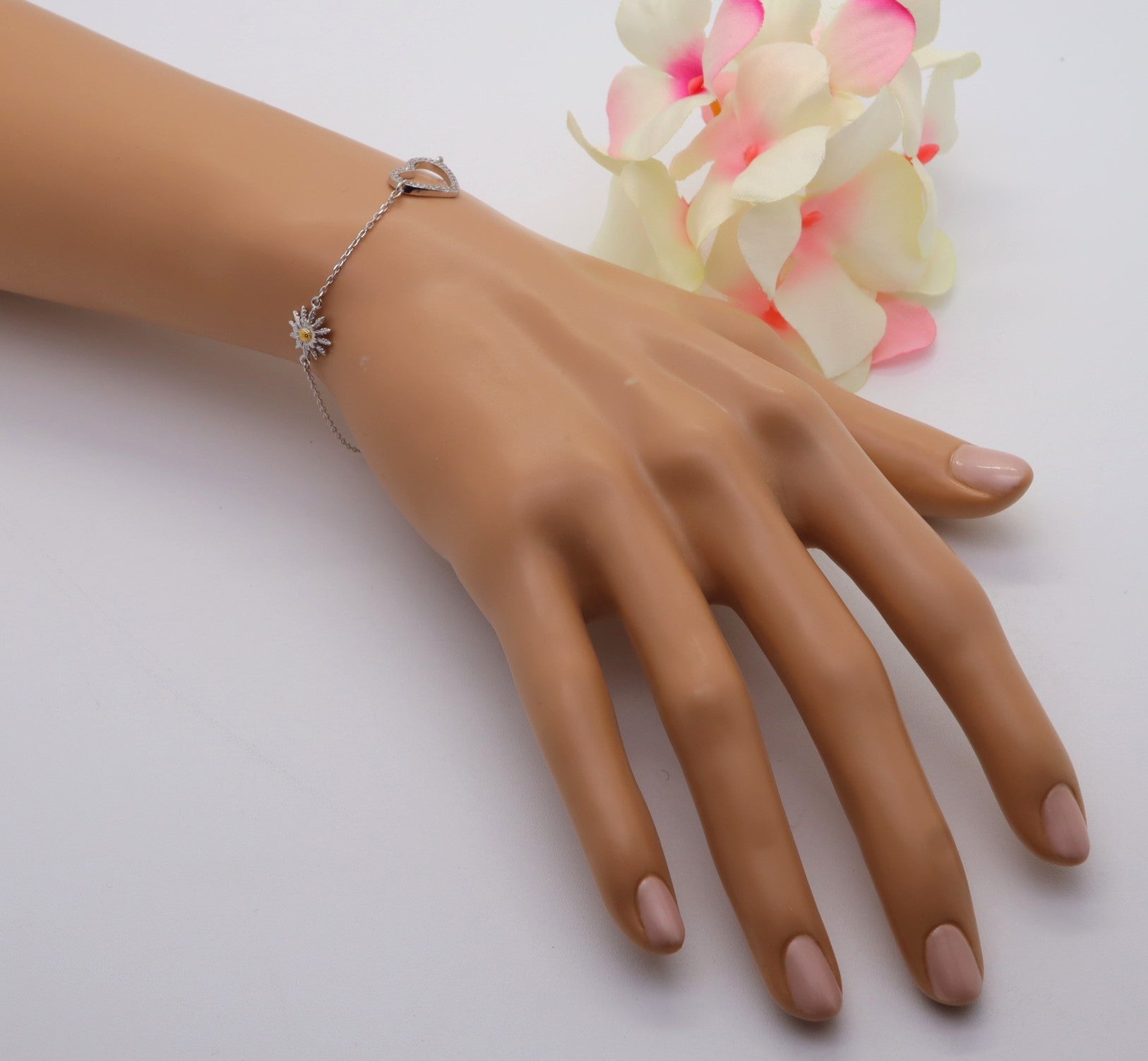 Pulsera Plata 925mls Eguzkilore bicolor baño Oro 18k Corazón circonitas