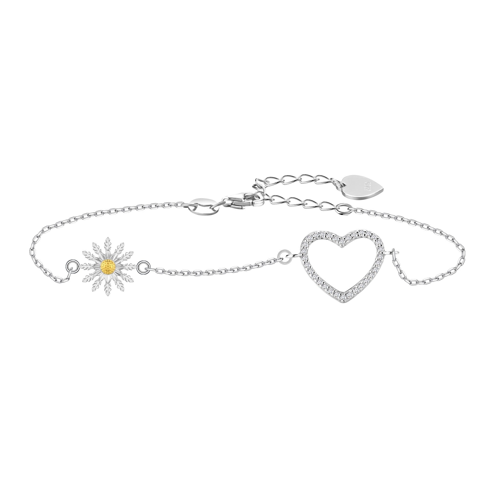 Pulsera Plata 925mls Eguzkilore bicolor baño Oro 18k Corazón circonitas