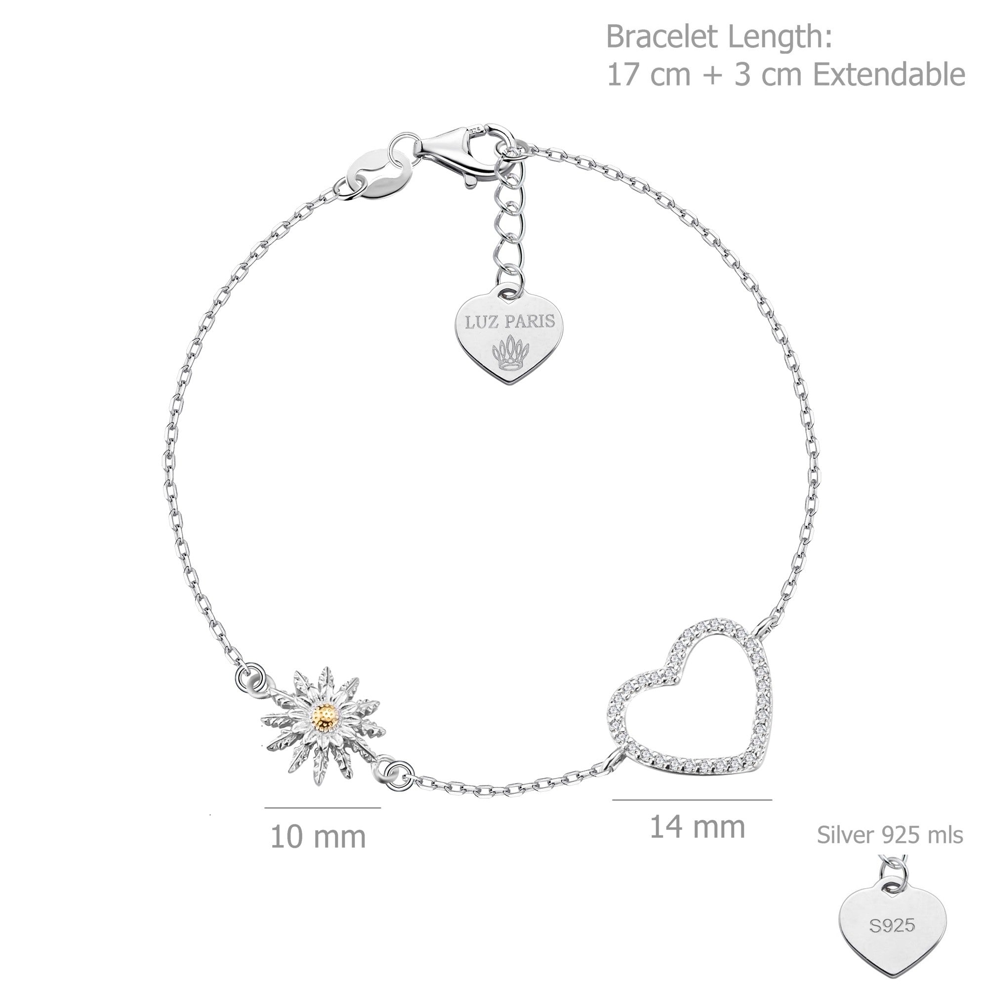 Pulsera Plata 925mls Eguzkilore bicolor baño Oro 18k Corazón circonitas | Joyería Vasca | Diseño Exclusivo LUZ PARIS