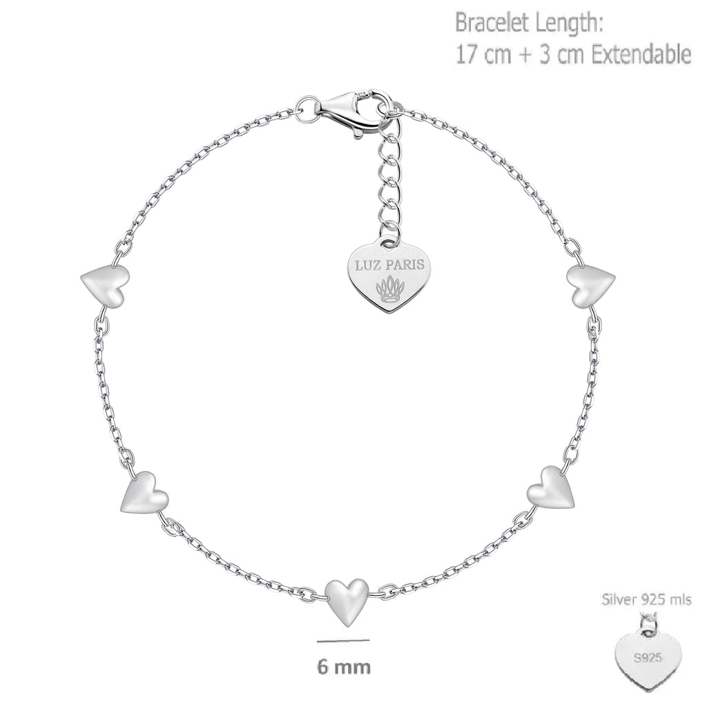 Pulsera Plata 925mls con Cinco Corazones | Elegancia Romántica | Joya Mujer