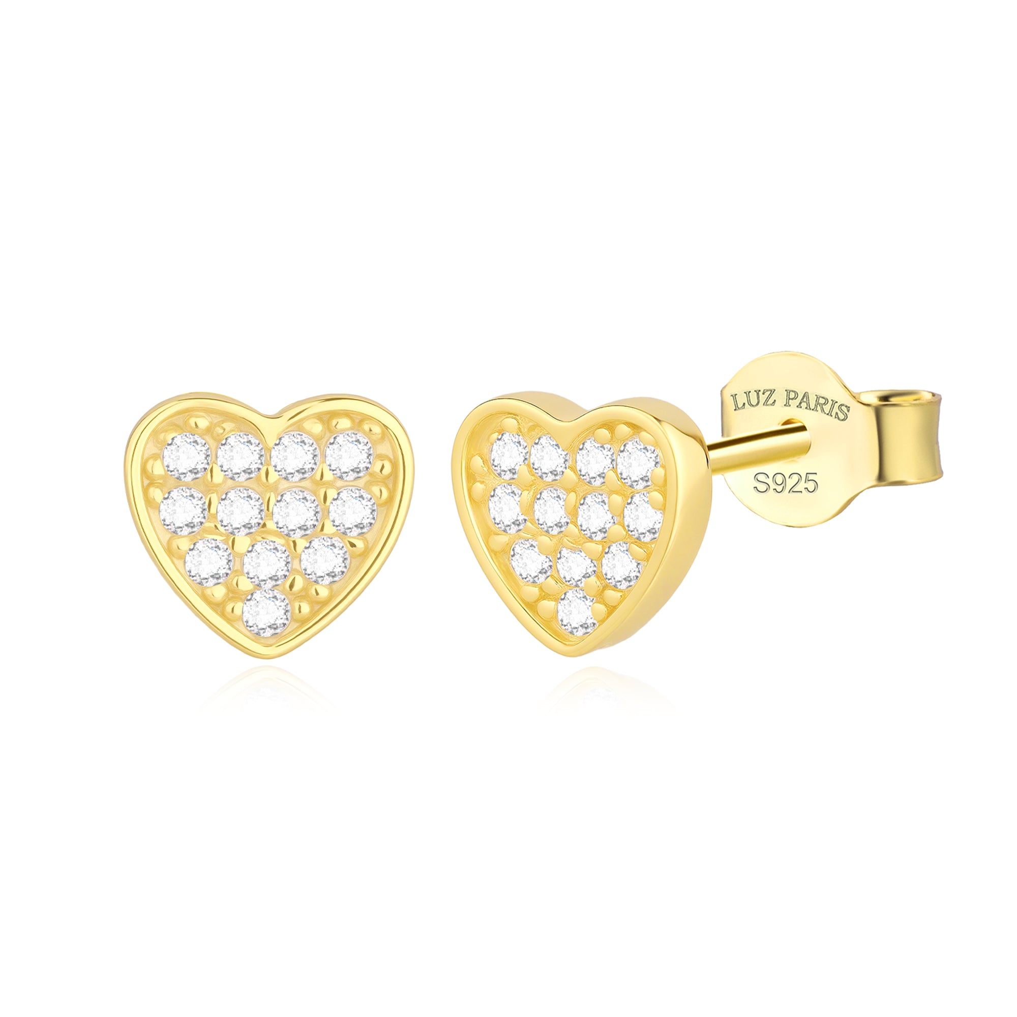 Pendientes Plata 925mls baño Oro 18 Kilates Corazón con 12 circonitas blancas