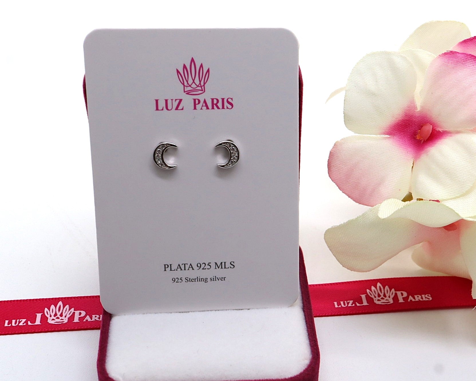 Pendientes Plata 925mls Luna con 5 Circonitas blancas