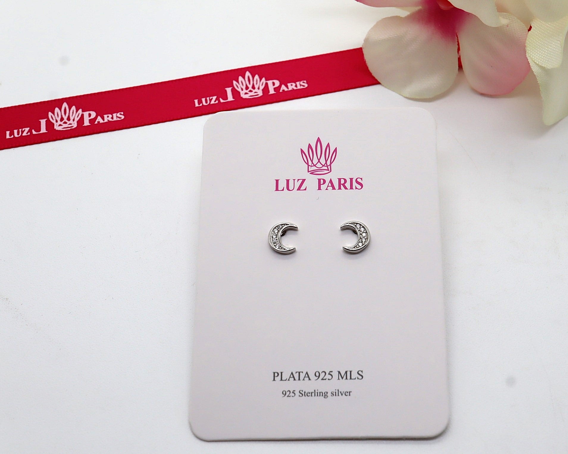 Pendientes Plata 925mls Luna con 5 Circonitas blancas