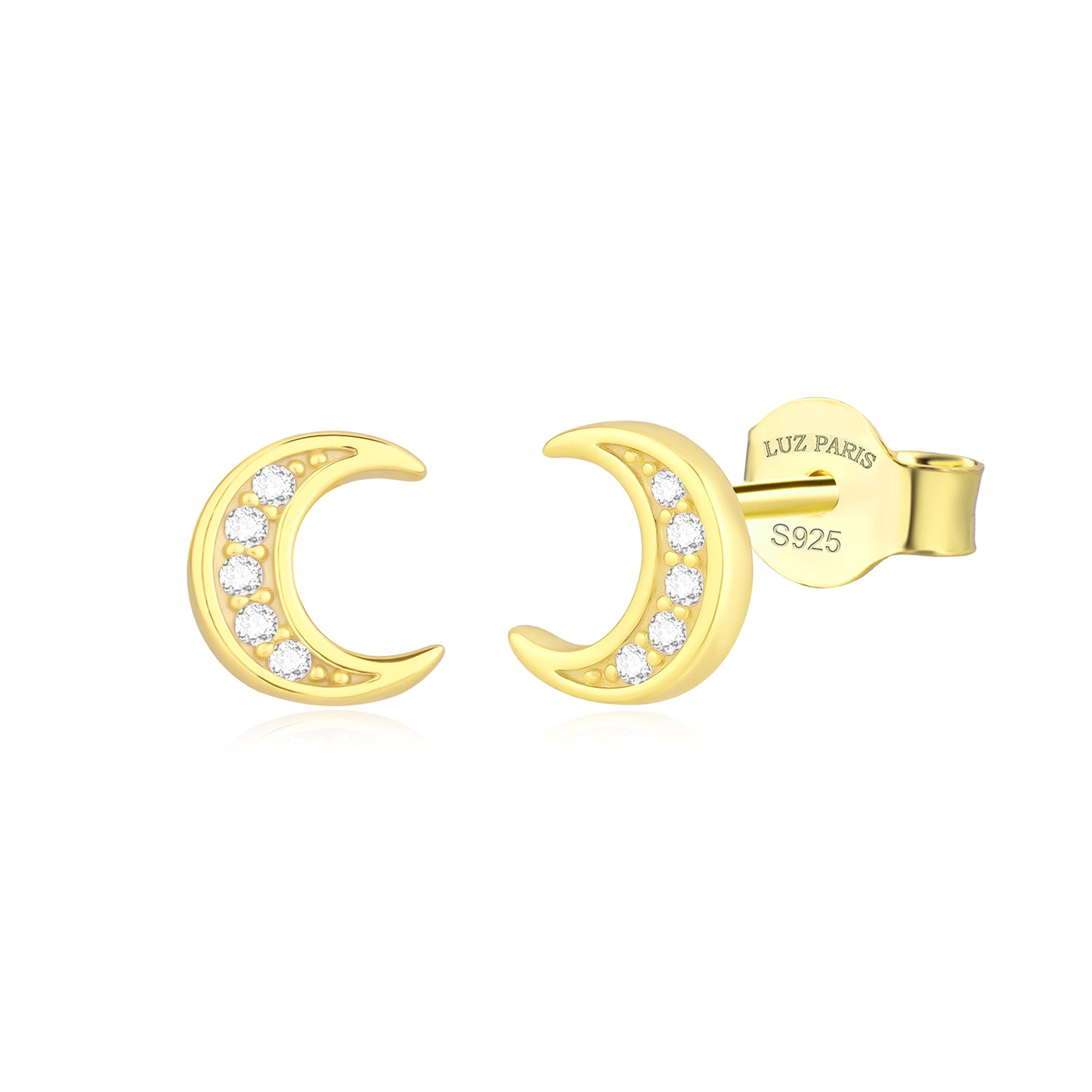 Pendientes Plata 925mls baño Oro 18 Kilates Luna con 5 circonitas blancas