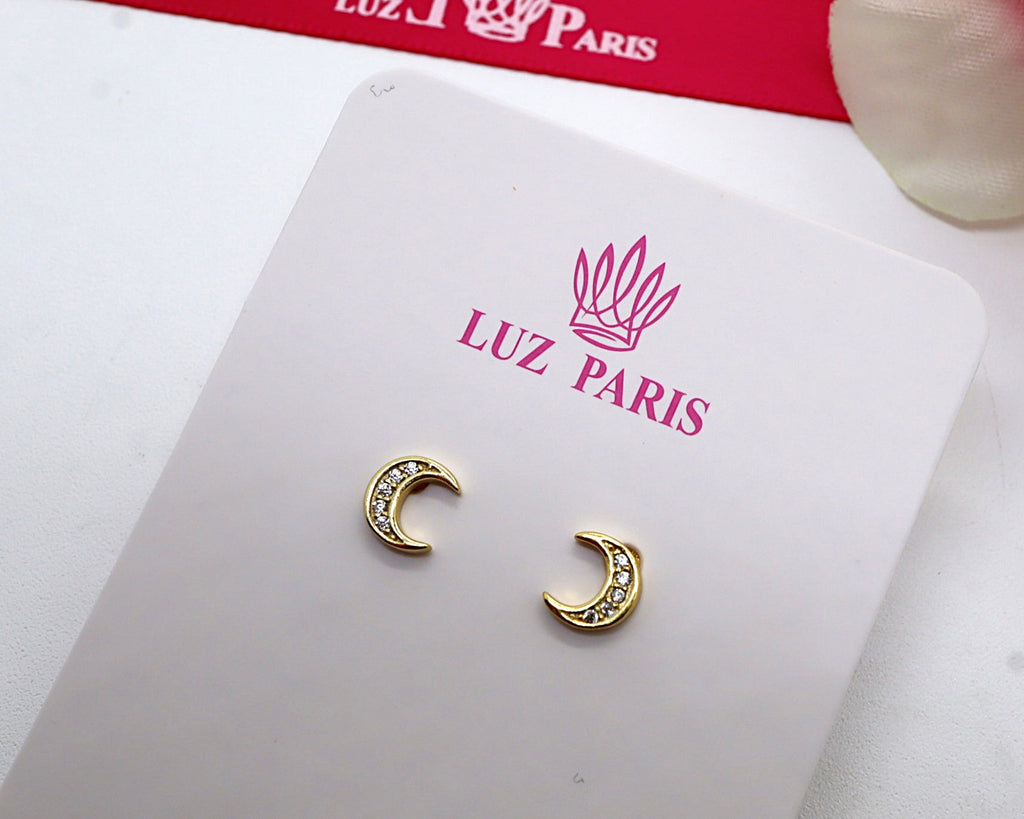 Pendientes Plata 925mls baño Oro 18 Kilates Luna con 5 circonitas blancas