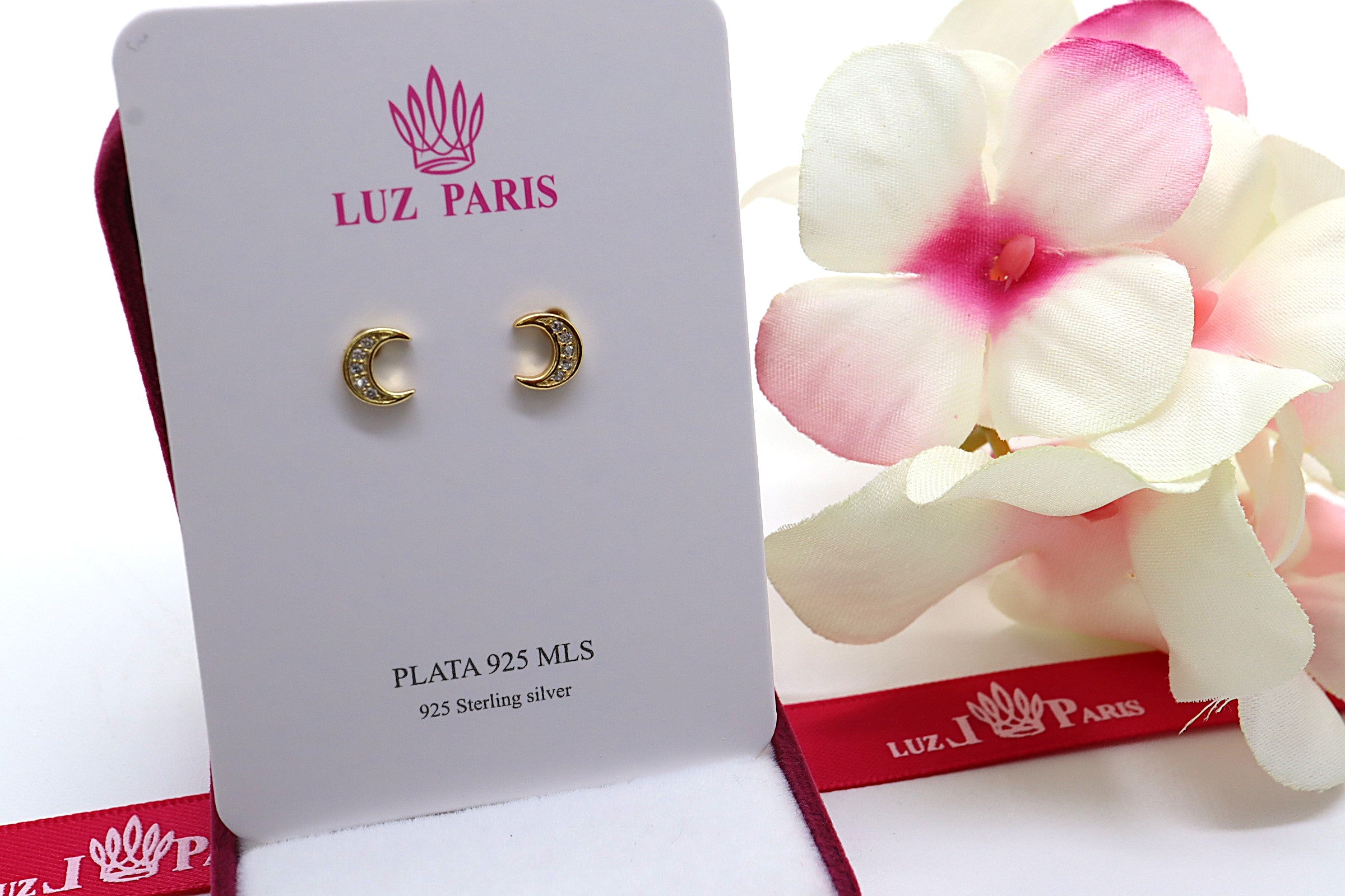 Pendientes Plata 925mls baño Oro 18 Kilates Luna con 5 circonitas blancas