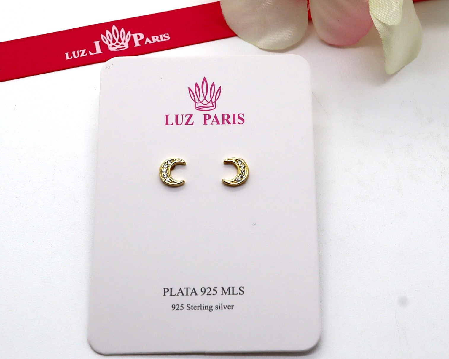 Pendientes Plata 925mls baño Oro 18 Kilates Luna con 5 circonitas blancas