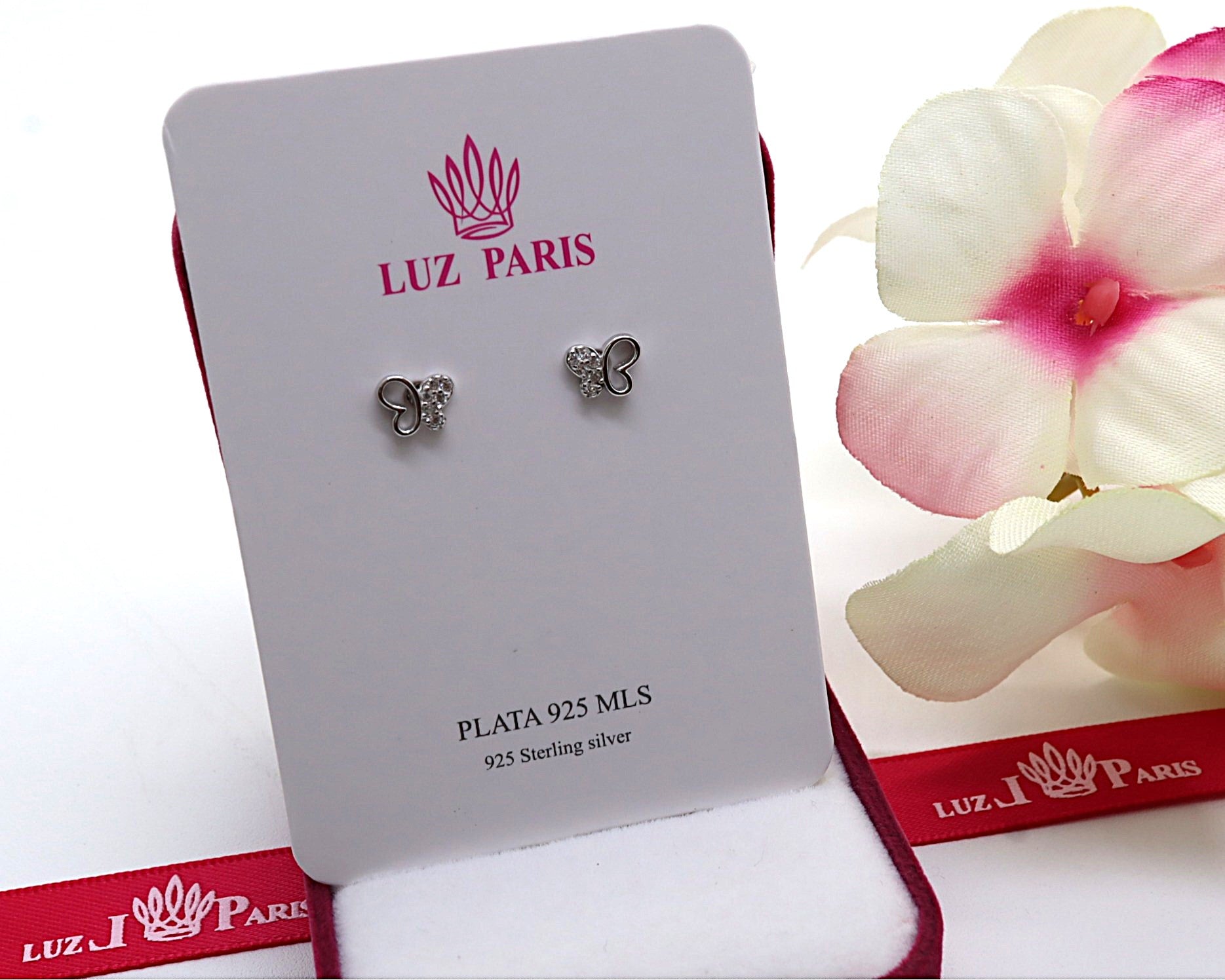 Pendientes Plata 925mls Mariposa con 6 Circonitas blancas