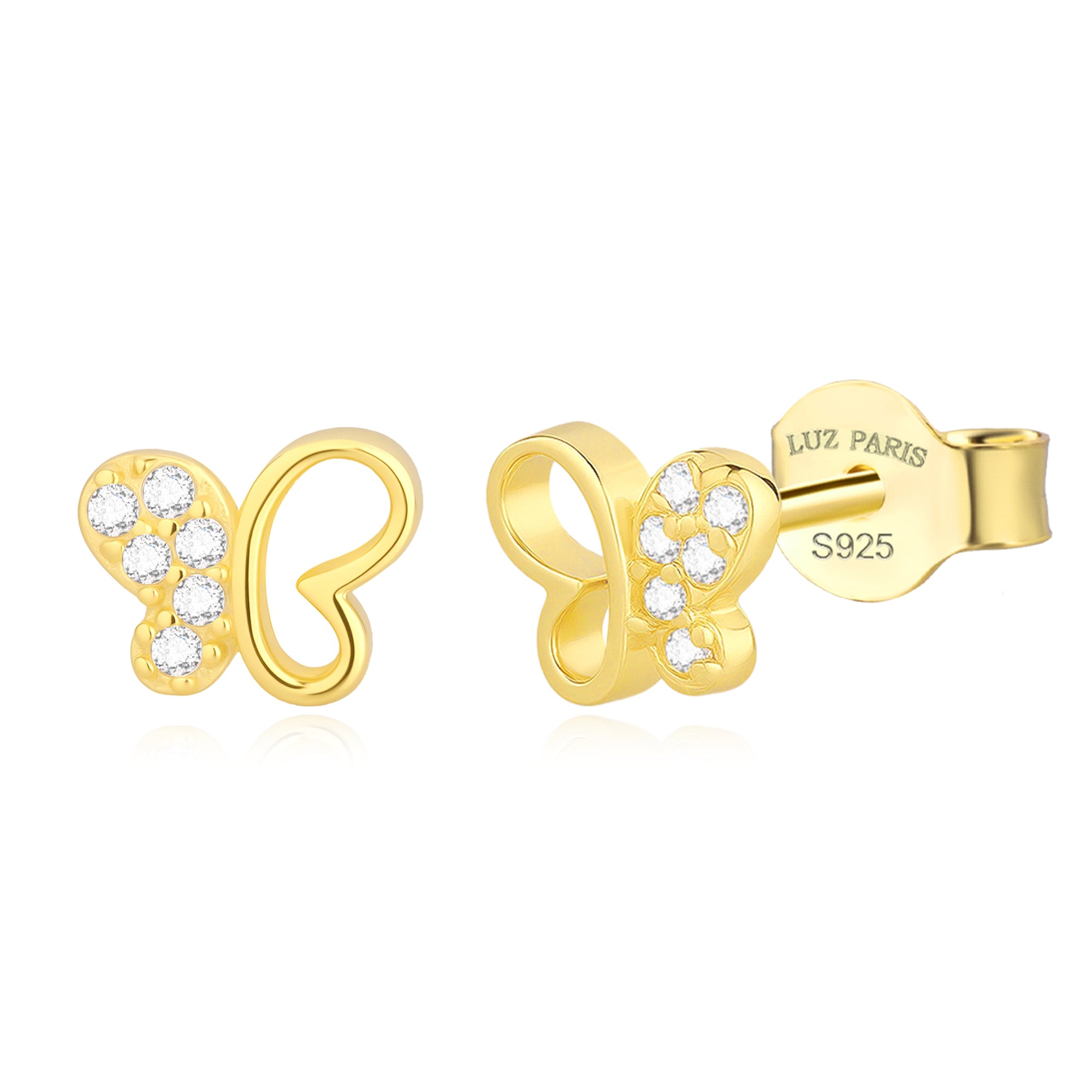 Pendientes Plata 925mls baño Oro 18 Kilates Mariposa con 6 circonitas blancas
