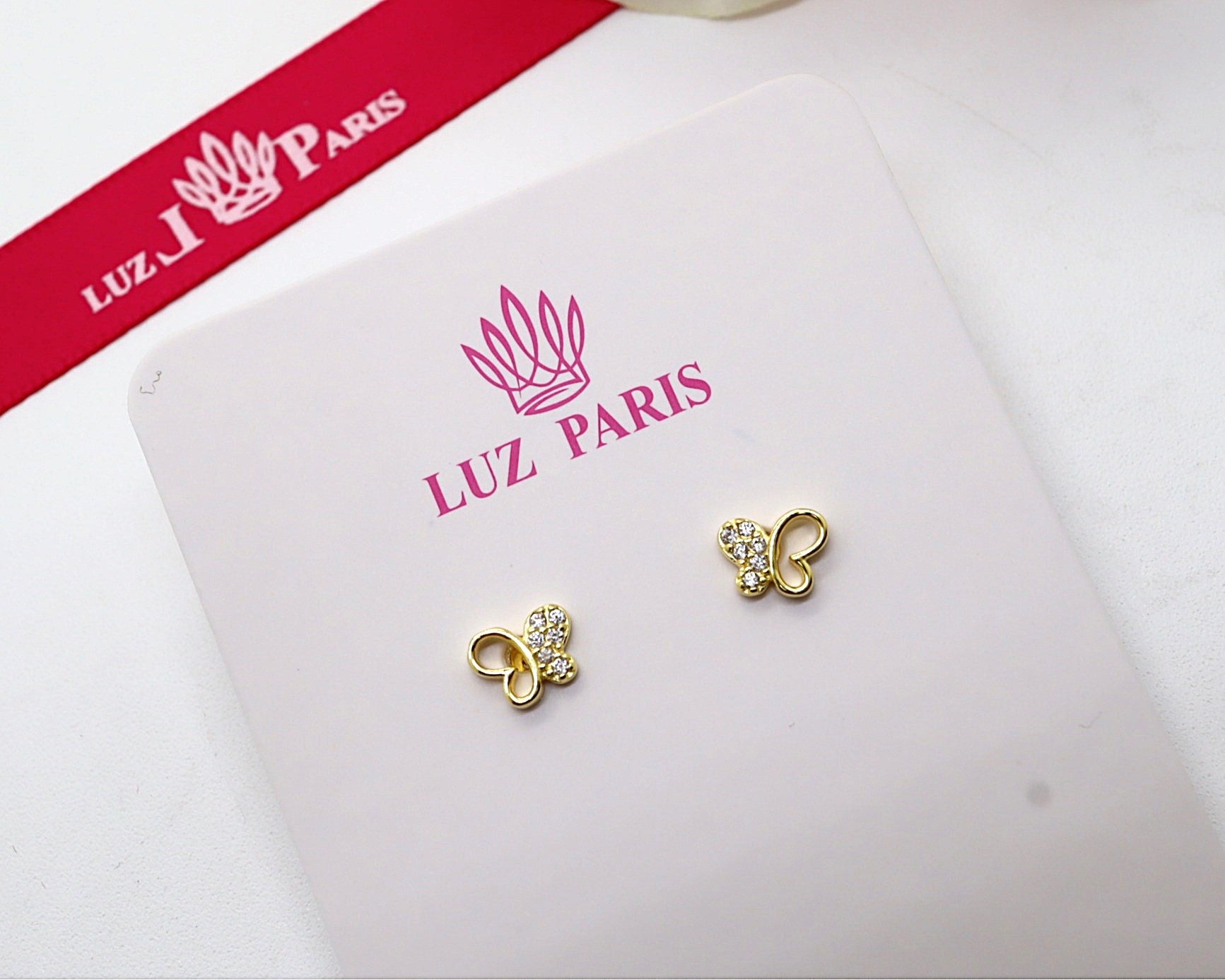 Pendientes Plata 925mls baño Oro 18 Kilates Mariposa con 6 circonitas blancas