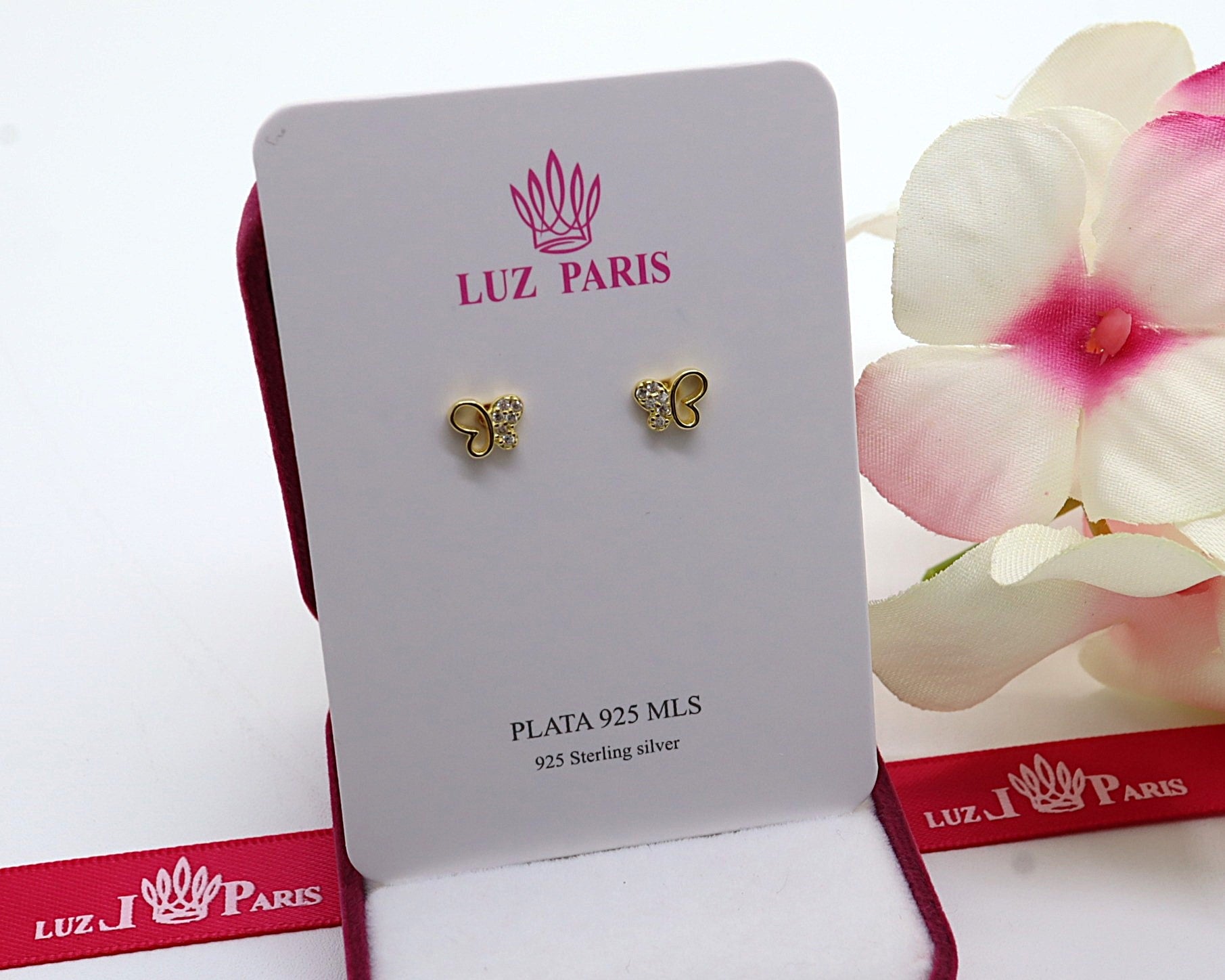 Pendientes Plata 925mls baño Oro 18 Kilates Mariposa con 6 circonitas blancas