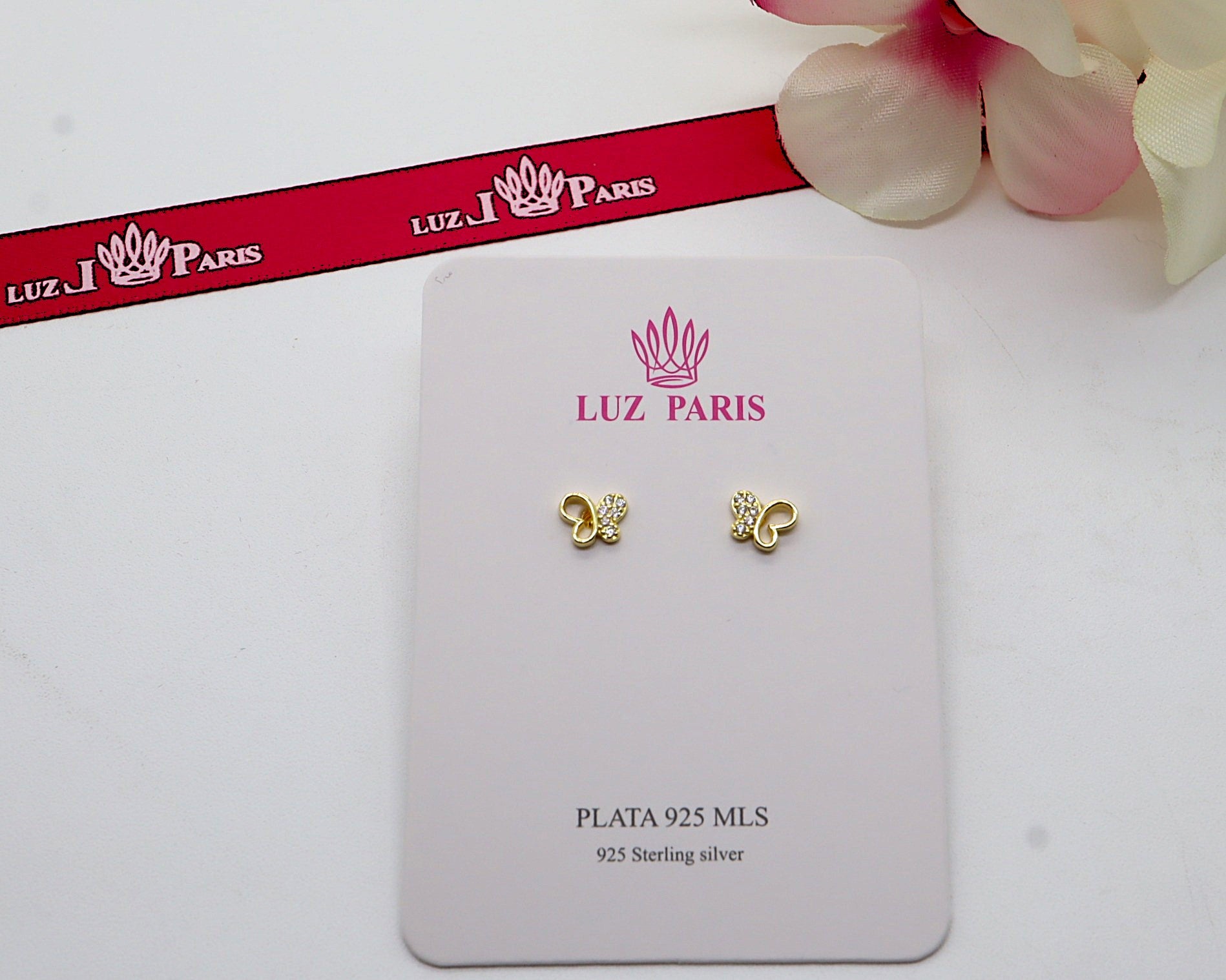 Pendientes Plata 925mls baño Oro 18 Kilates Mariposa con 6 circonitas blancas