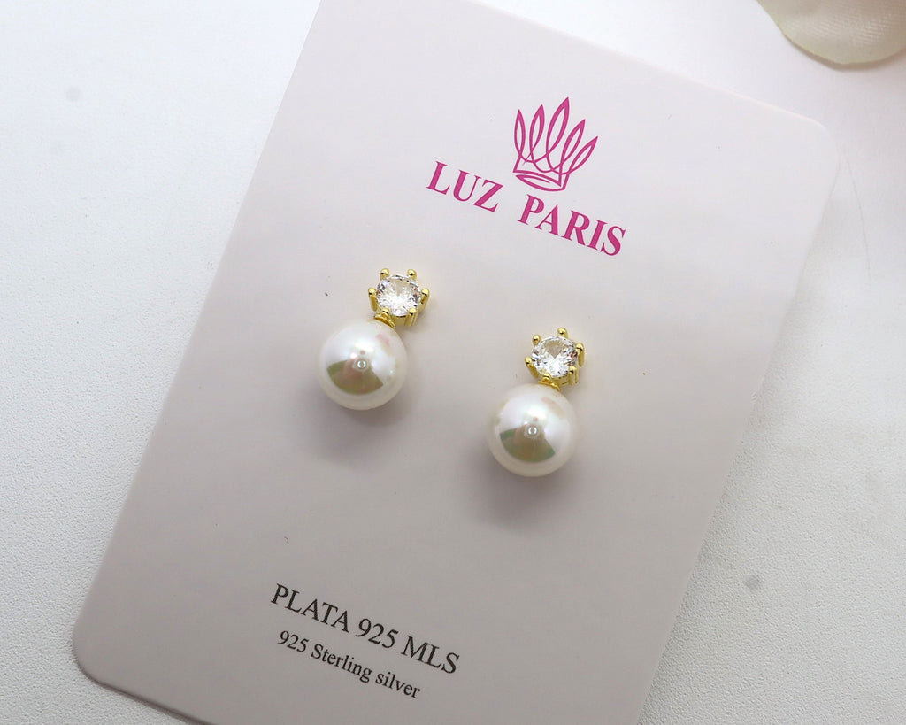 Pendientes Plata 925mls baño Oro 18 Kilates Perla con circonita blanca