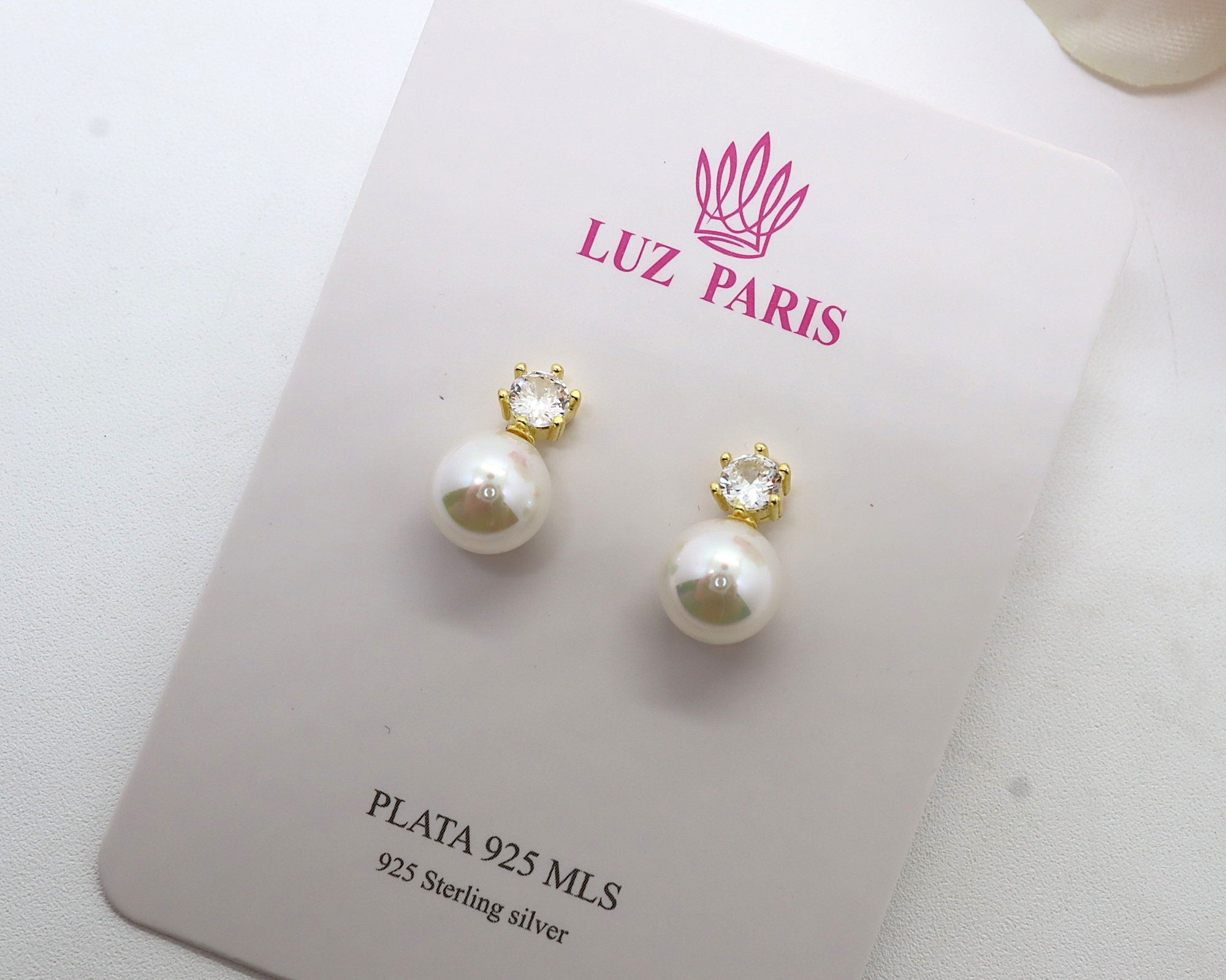 Pendientes Plata 925mls baño Oro 18 Kilates Perla con circonita blanca