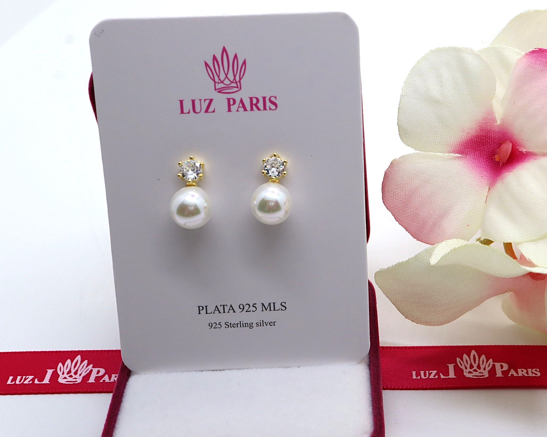 Pendientes Plata 925mls baño Oro 18 Kilates Perla con circonita blanca