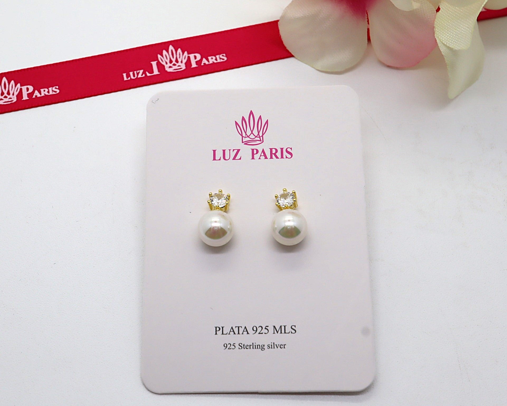 Pendientes Plata 925mls baño Oro 18 Kilates Perla con circonita blanca