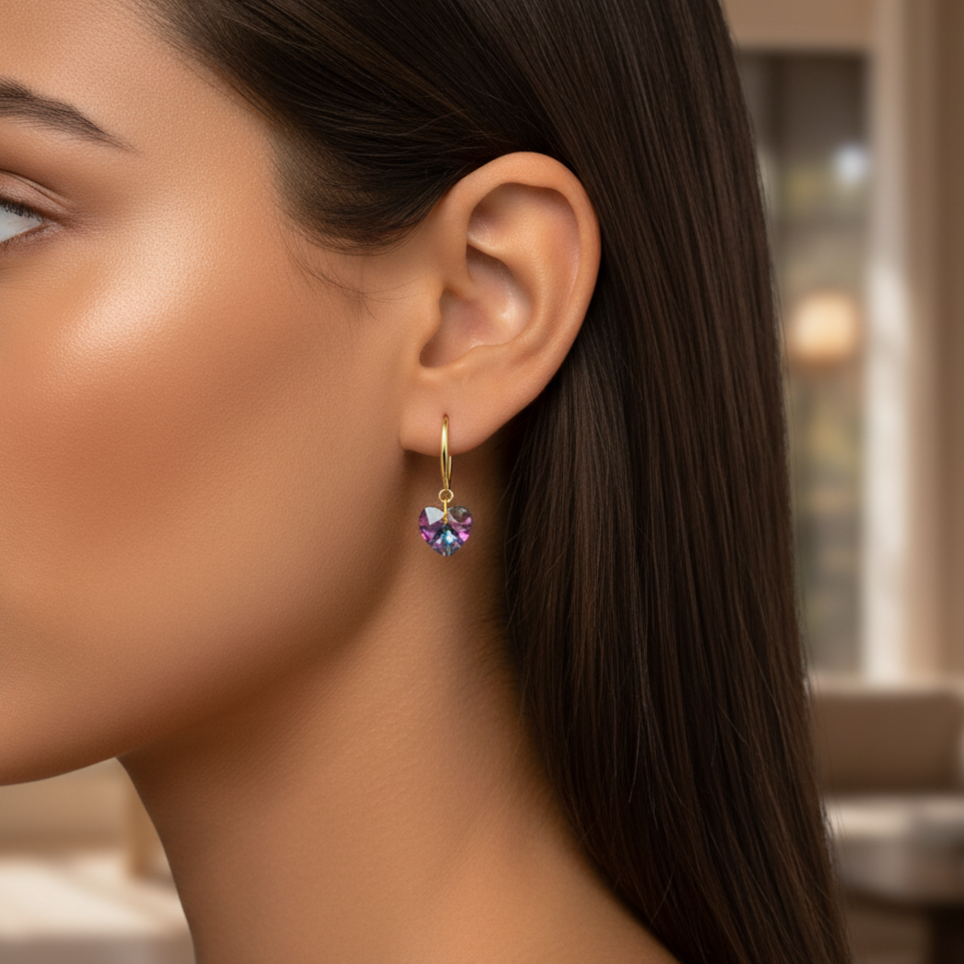 Pendientes Plata 925mls baño Oro 18 Kilates  Corazón colgante color amatista