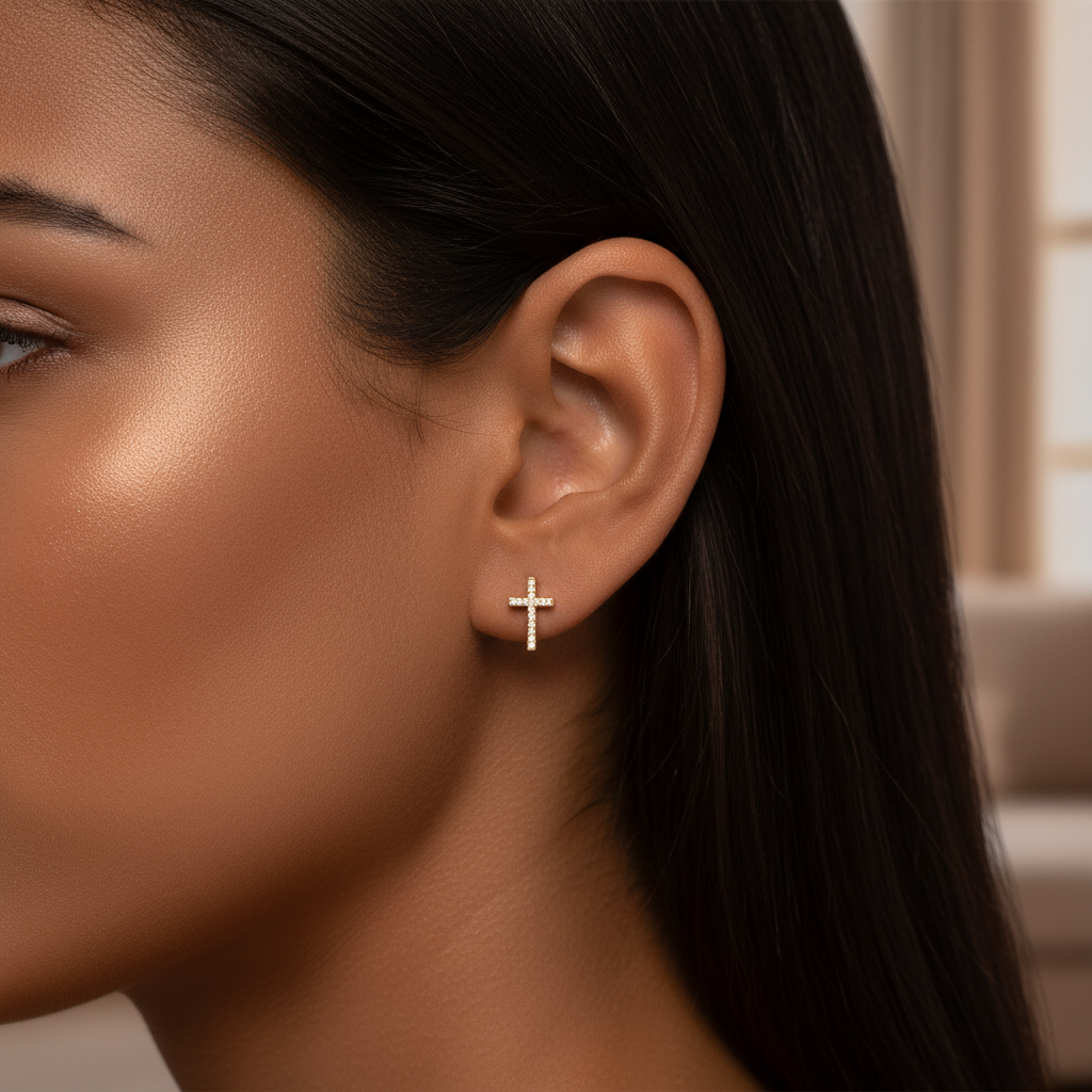 Pendientes Plata 925mls baño Oro 18 Kilates Cruz Circonitas blancas