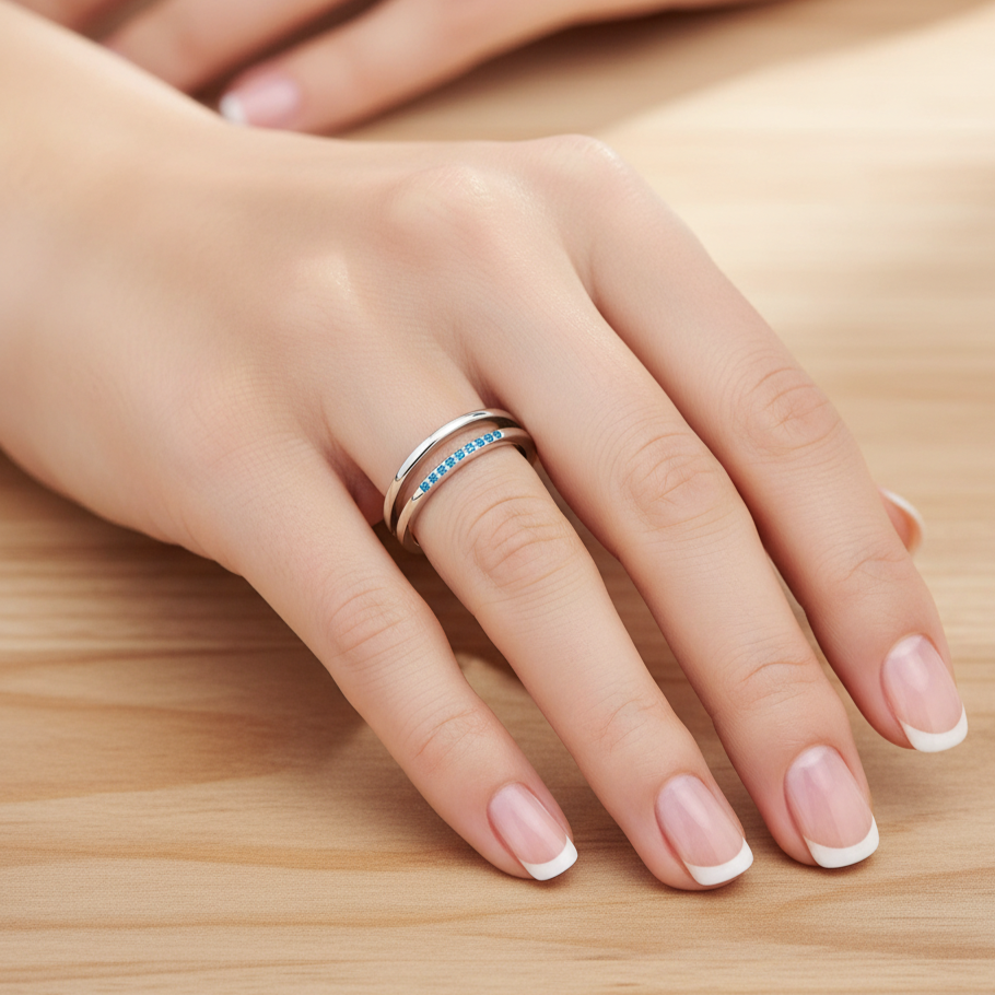 Anillo Plata 925mls doble aro con Circonitas azules