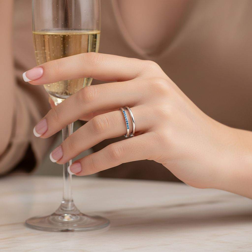 Anillo Plata 925mls doble aro con Circonitas azules