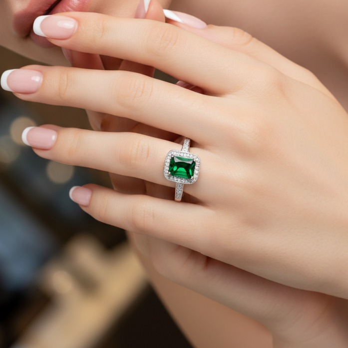 Anillo Plata 925mls Circonita color Verde esmeralda