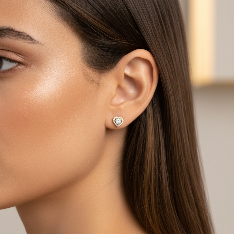 Pendientes Plata 925mls baño Oro 18 kilates Corazón Circonitas blancas