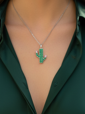 Collar Plata 925mls Cactus circonitas verdes y blancas