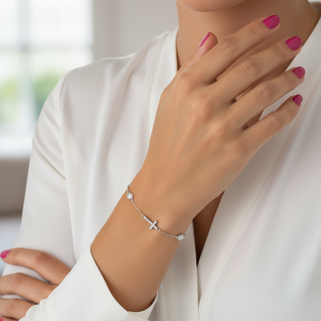 Pulsera Plata 925 Cruz Horizontal con Circonitas Blancas | Joyería de Fe y Estilo | Regalo Mujer | Pulsera Ajustable Hecha a Mano