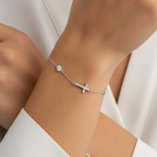 Pulsera Plata 925 Cruz Horizontal con Circonitas Blancas | Joyería de Fe y Estilo | Regalo Mujer | Pulsera Ajustable Hecha a Mano