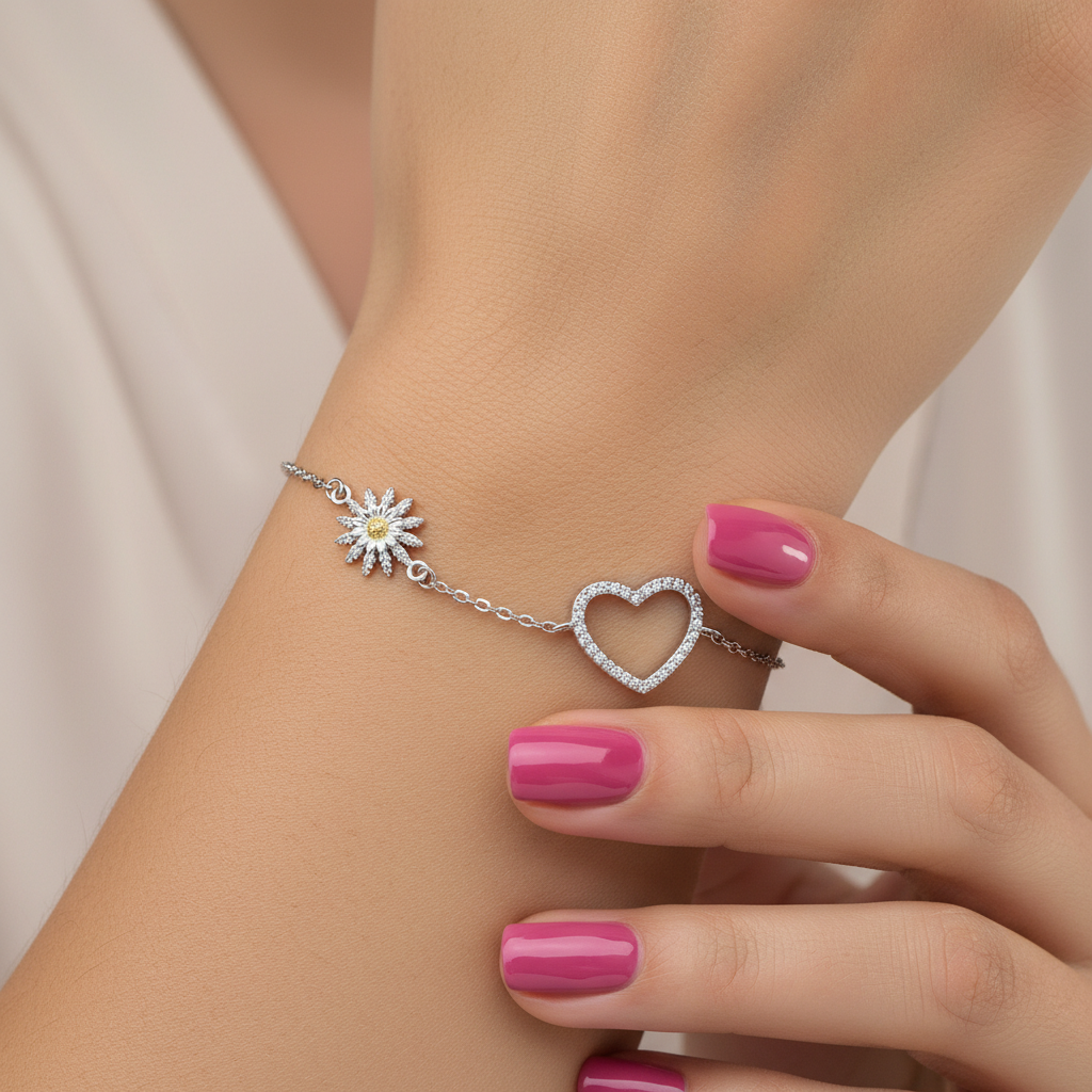 Pulsera Plata 925mls Eguzkilore bicolor baño Oro 18k Corazón circonitas | Joyería Vasca | Diseño Exclusivo LUZ PARIS